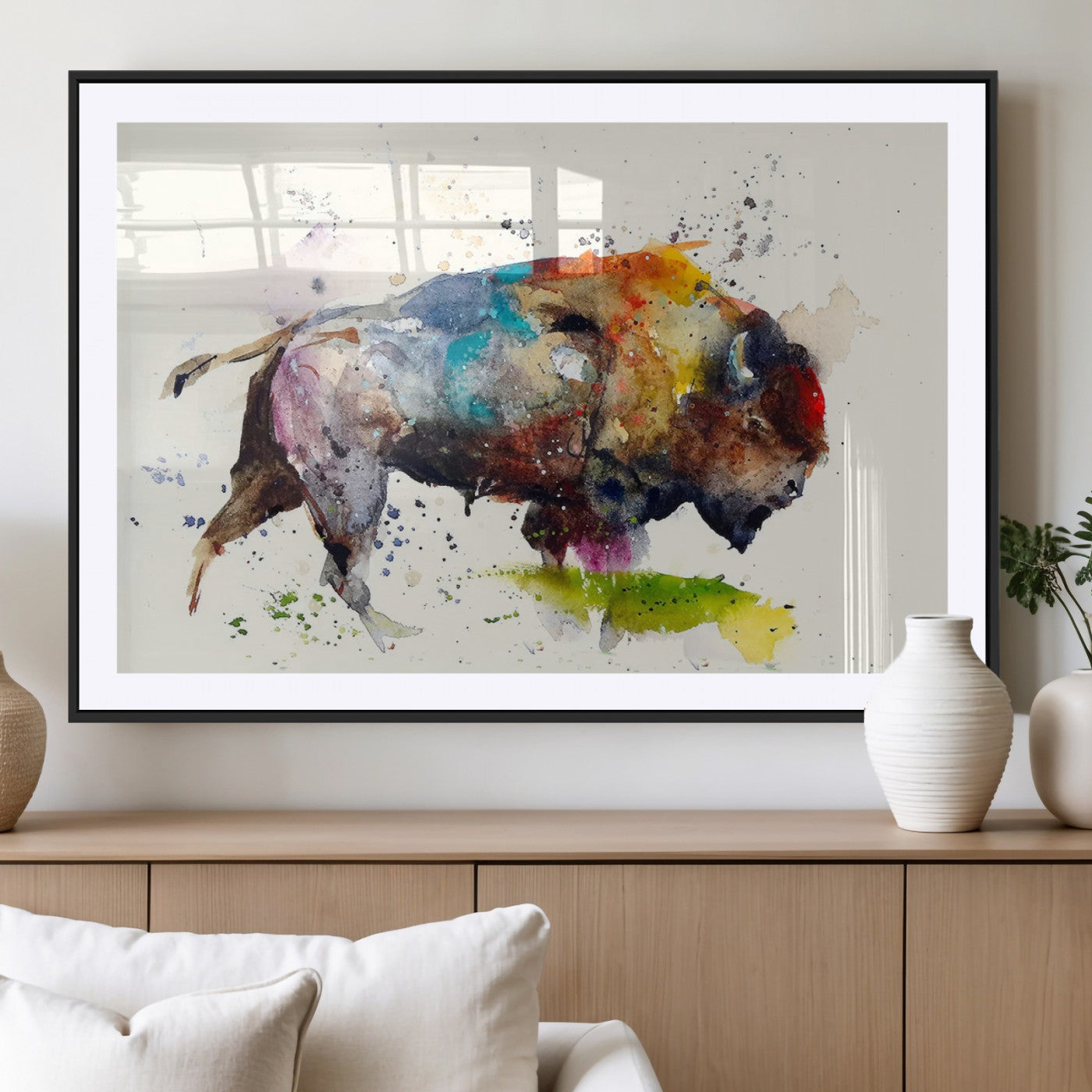 MGC-FP-36x24 - Abstract Buffalo Wall Art, Western Watercolor Bison Canvas Print, Rustic Buffalo Art for Cowboy and