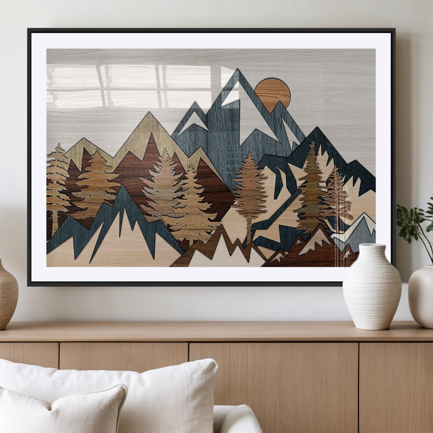 MGC-FP-36x24 - Woodland Mountain Landscape Triptych, Giclee Canvas Art for Modern Home, Rustic Wooden Nature Wall