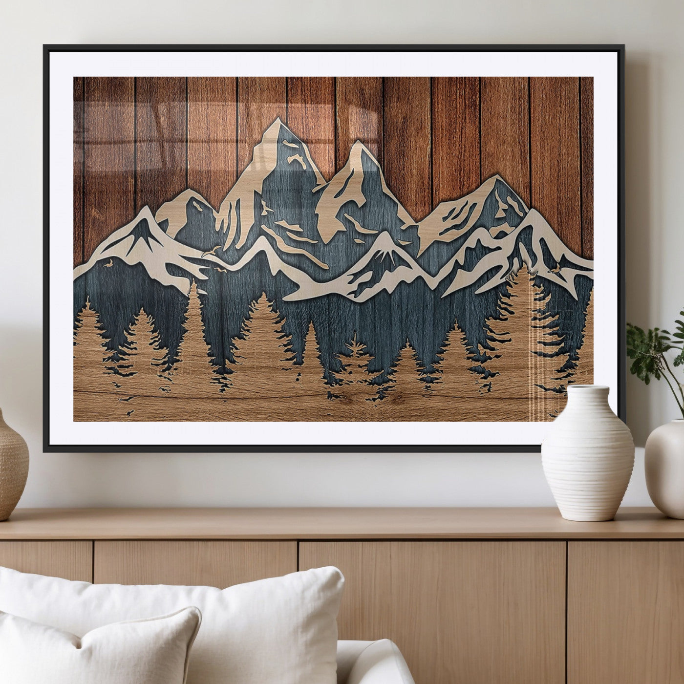 MGC-FP-36x24 - Rustic Wood Style Mountain Wall Art, Nature Forest Canvas Print, Wooden Textured Mountain Artwork,