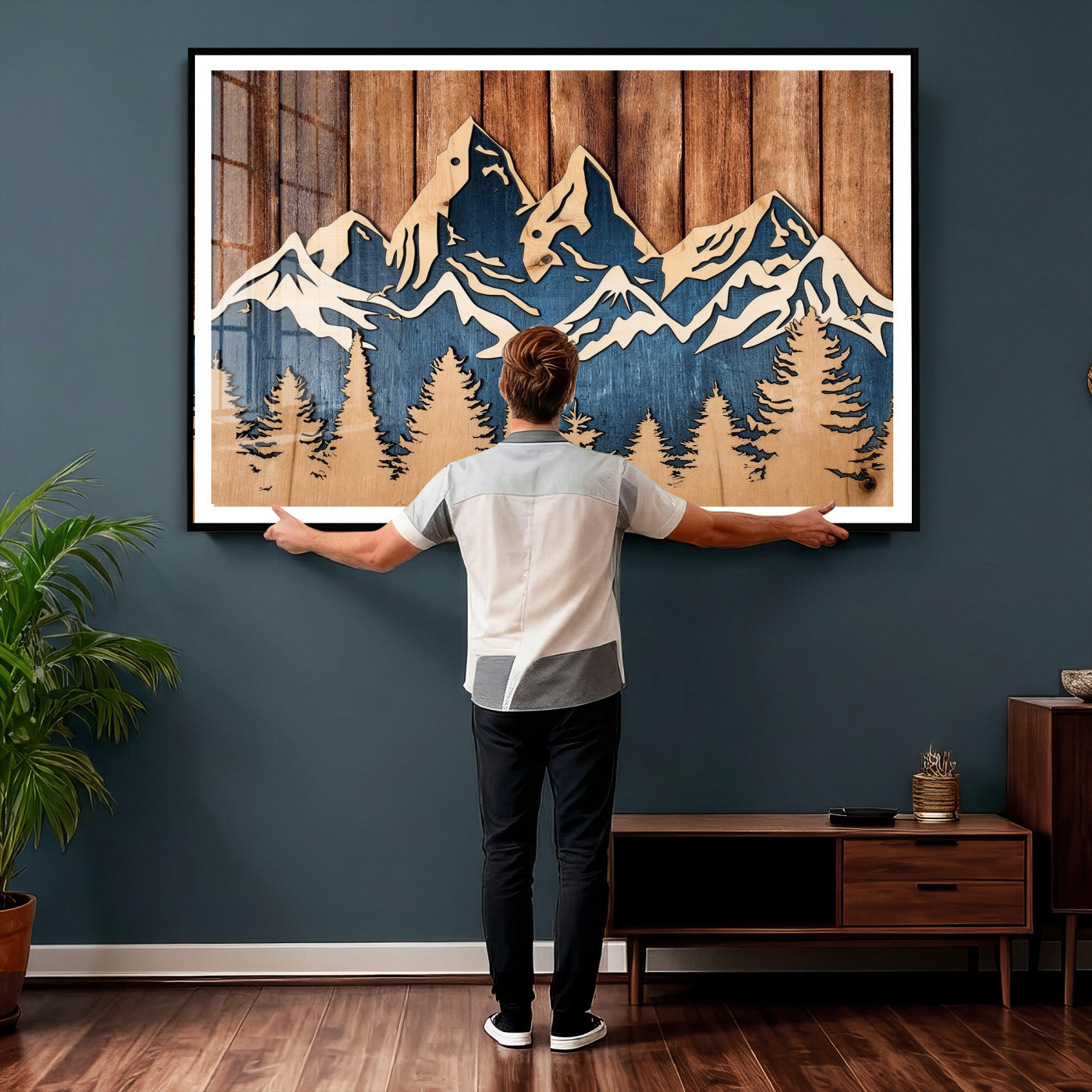 41330-MGV-CV-36X24 - Rustic Wood Style Mountain Wall Art, Nature Forest Canvas Print, Wooden Textured Mountain Artwork Print
