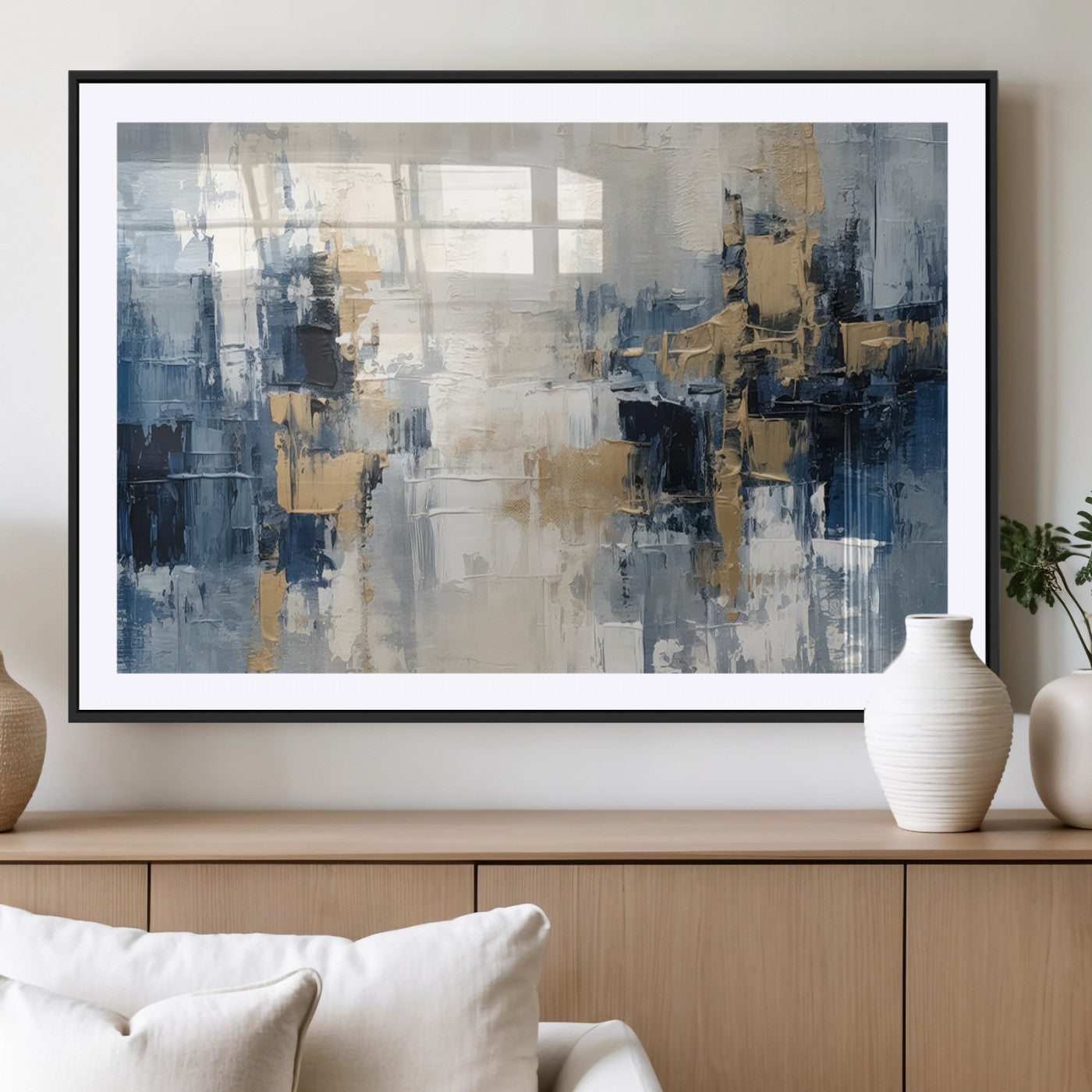 -Modern Abstract Canvas Wall Art in Blue and Gold Tones | Large Contemporary Art for Living Room,