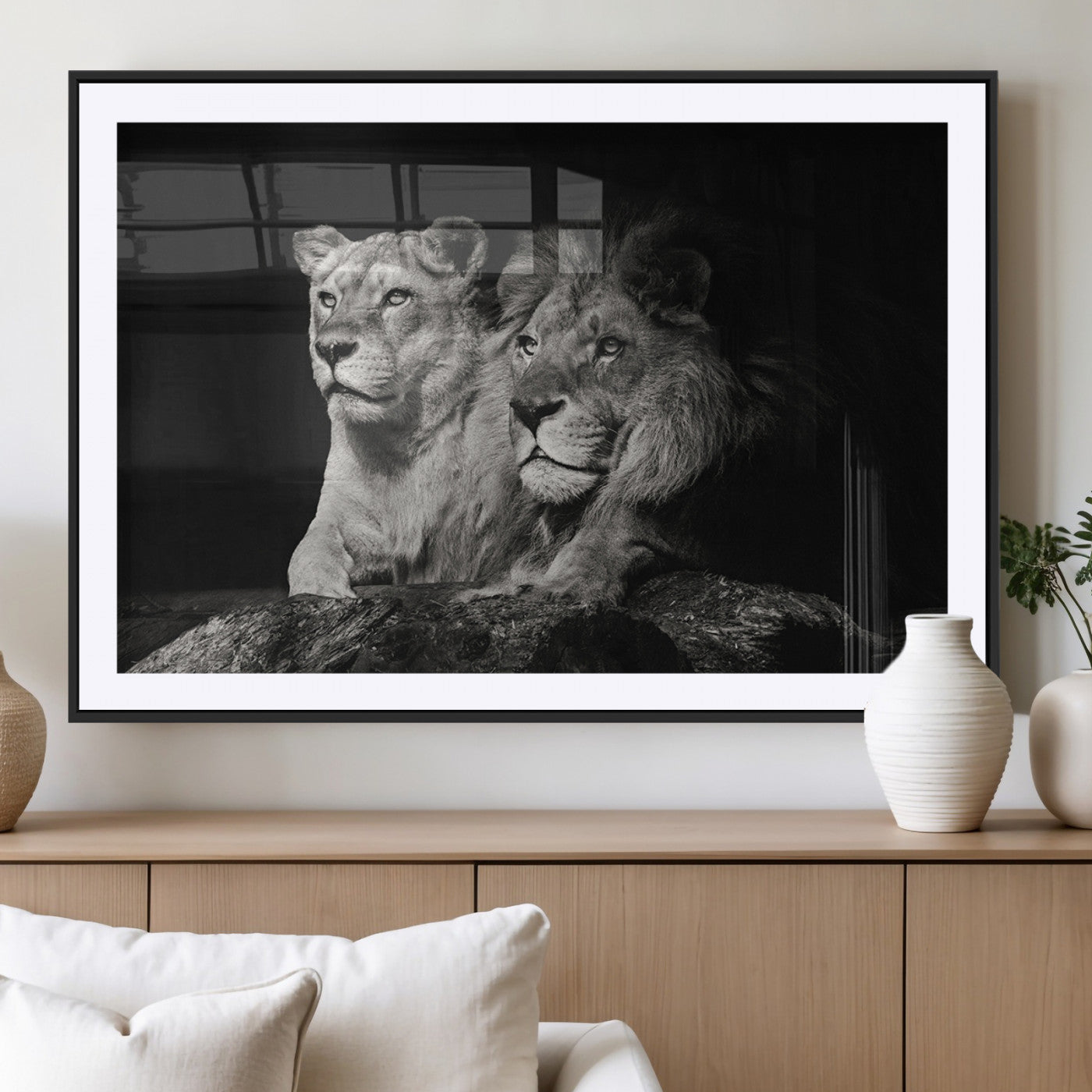 MGC-FP-36x24 - Lion Couple Canvas Wall Art Print – Elegant Wildlife Portrait in Black and White Lion Family – Ready