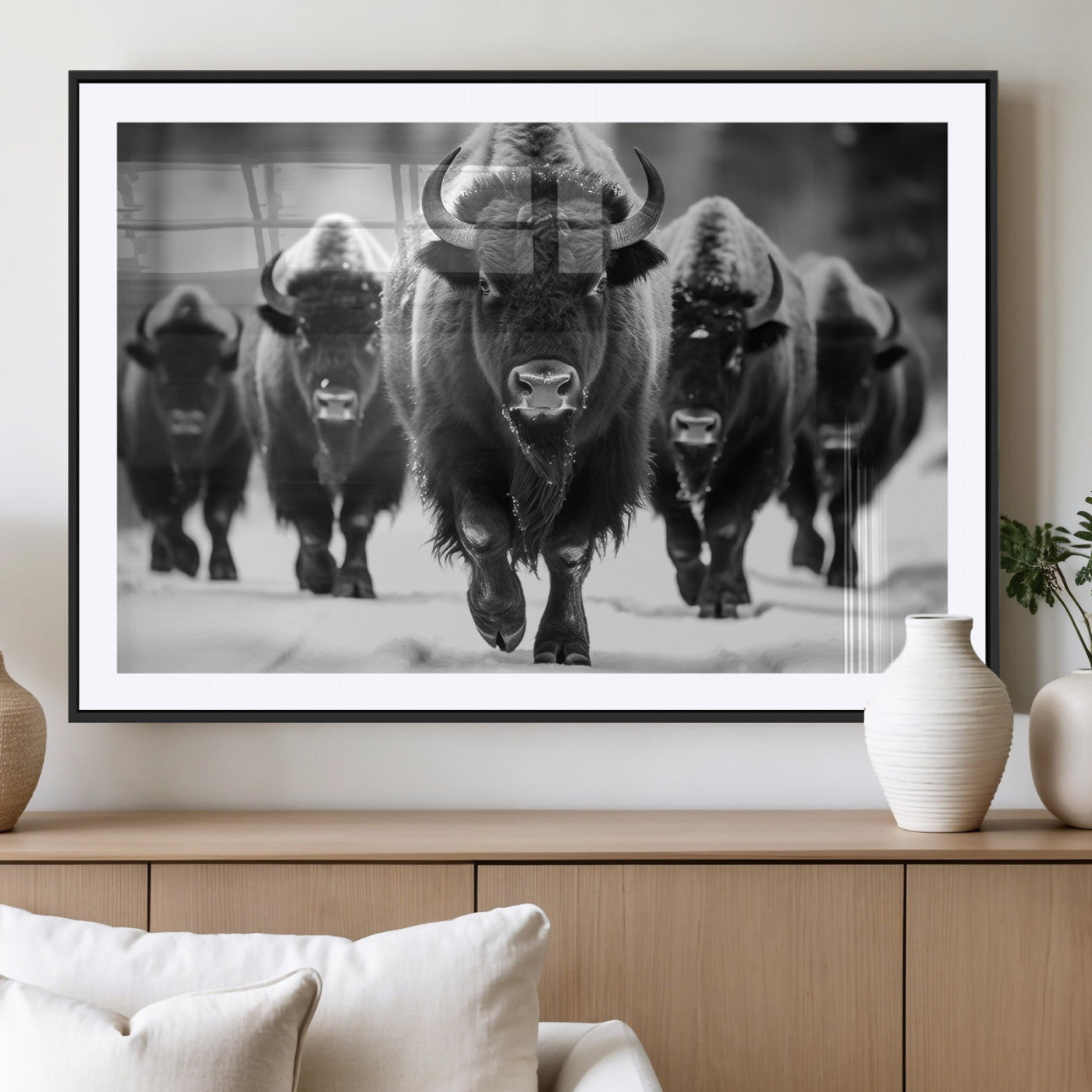 MGC-FP-36x24 - American Bison Art | Buffalo Herd Wall Art Canvas Print, BW American Bison Herd Wall Art Canvas