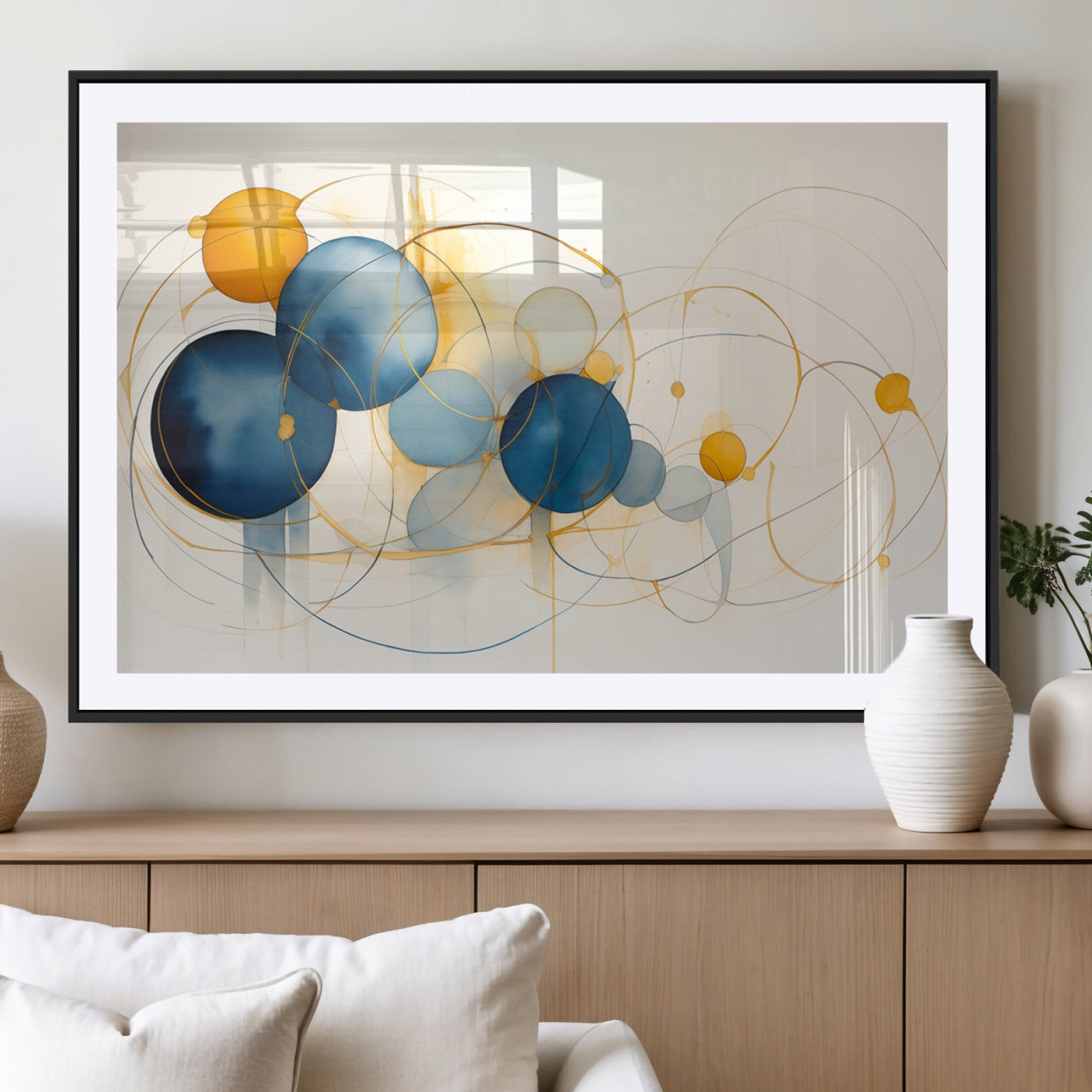 -Geometric Blue Orange Abstract Wall Art Canvas, Geometric Blue Orange Canvas Print