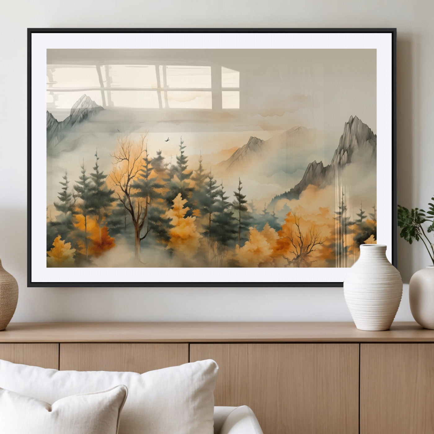 MGC-FP-36x24 - Abstract Watercolor Mountains and Trees Autumn Art, Watercolor Mountains and Trees Canvas Print