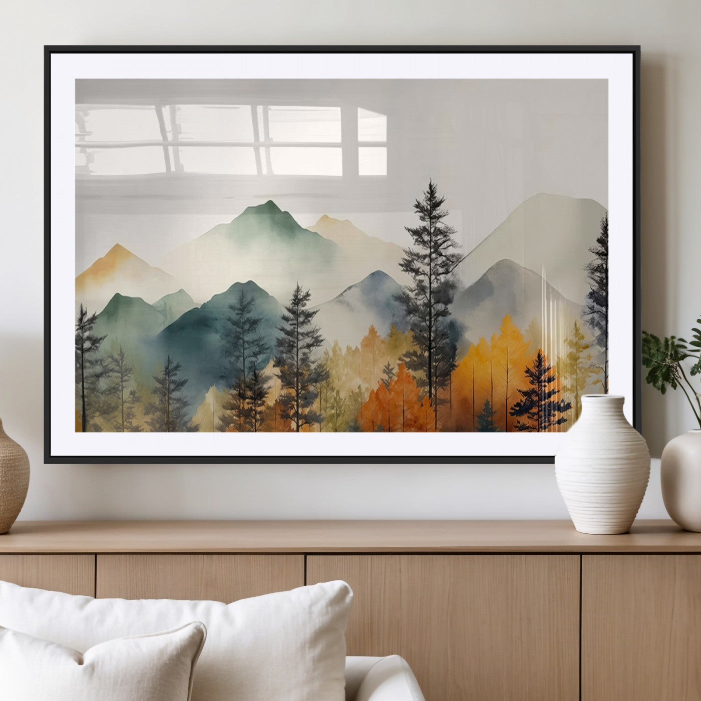 MGC-FP-36x24 - Abstract Watercolor Mountains and Trees Autumn Wall Art, Mountains and Trees Autumn Wall Art Canvas