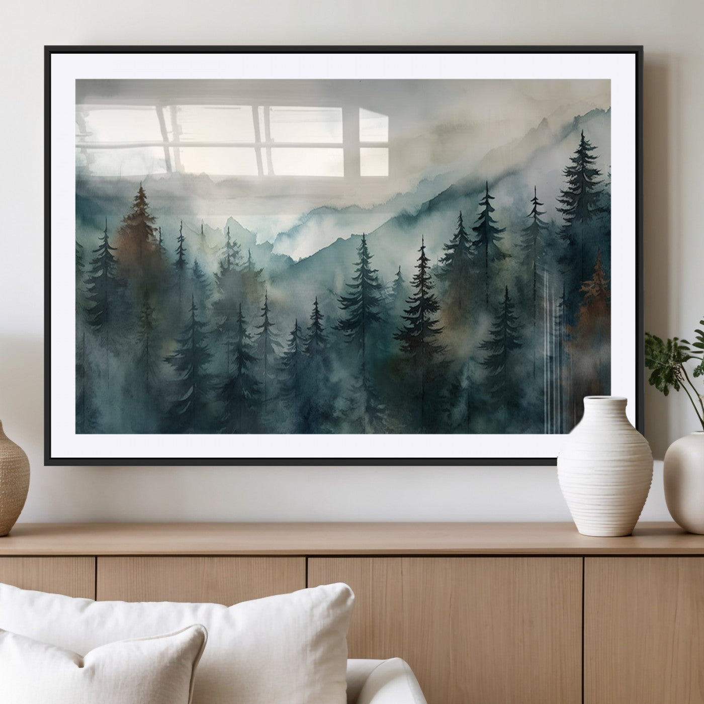 48468-MGV-CV-36X24-Serenity Forest Wall Art Canvas | Foggy Mountain Landscape Canvas Print for Living Room or Office | Nature-Inspired Woodland Decor
