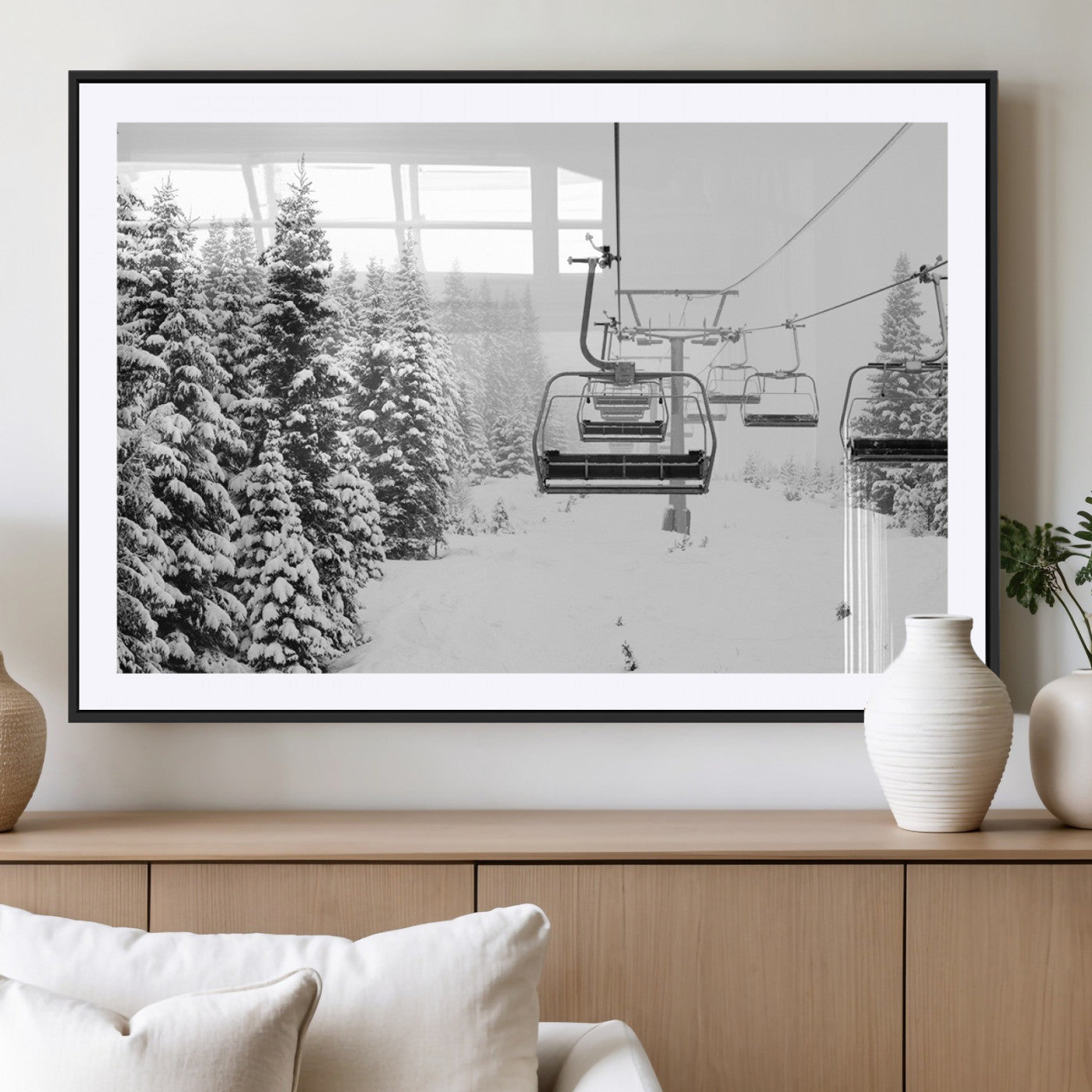 70609-MGV-CV-36X24 - Winter Forest Wall Art Canvas Print, Framed Snowy Forest Art Picture Print, Winter Ski Lift Perfect