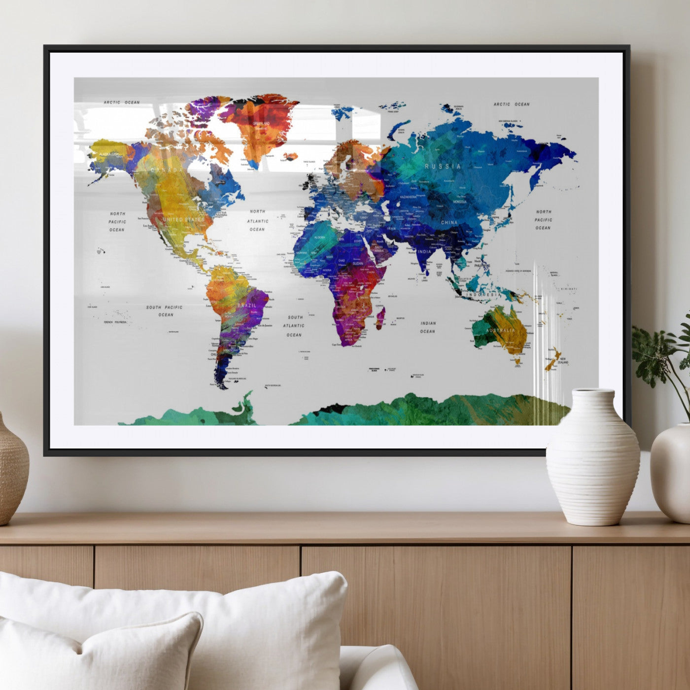 -Push Pin World Map Canvas Print – Framed Wall Art for Couples to Track Their Travels – Anniversary
