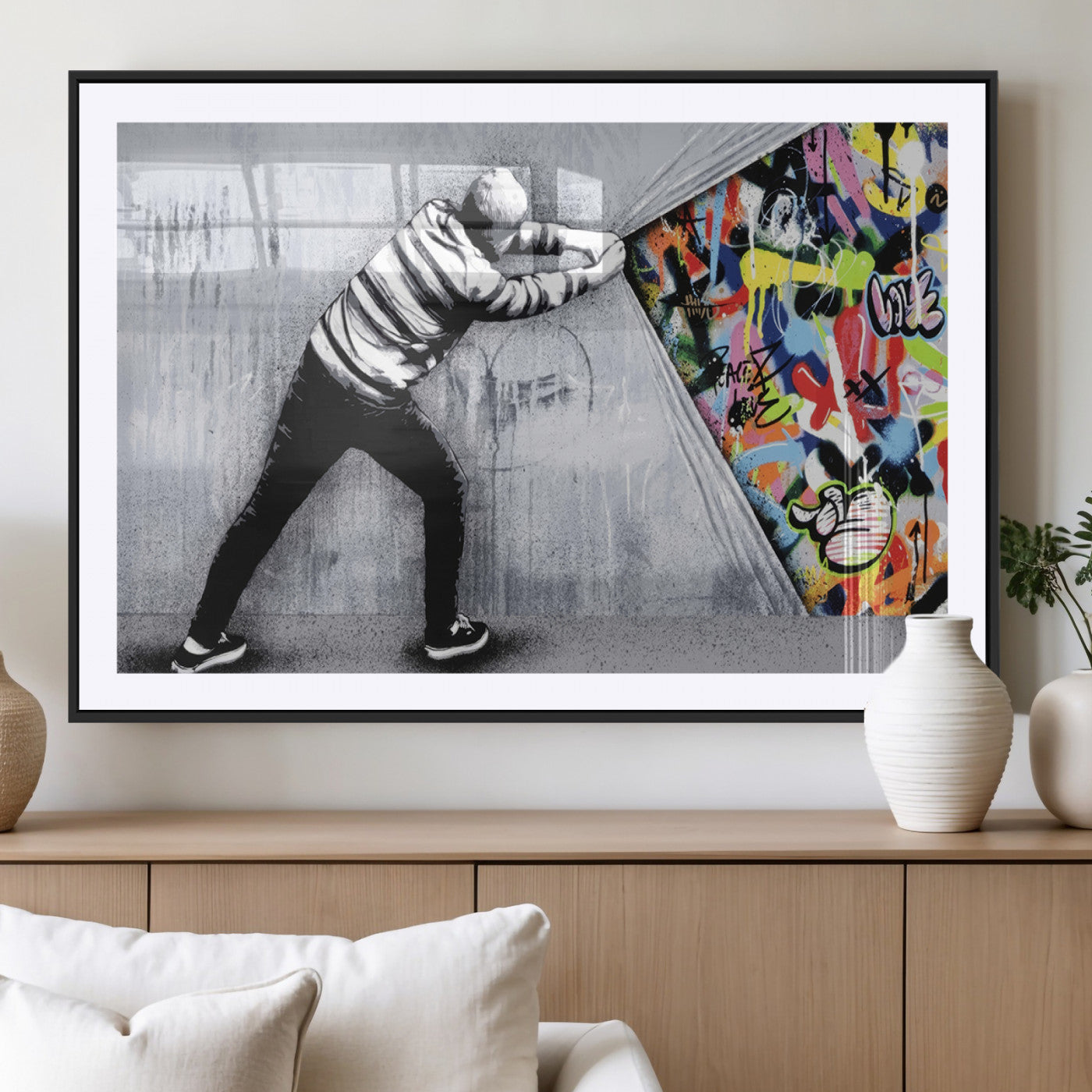 MGC-FP-36x24 - Banksy Art Behind the Curtain Street Wall Art Canvas Print | 3-Panel Urban Graffiti-Inspired Wall