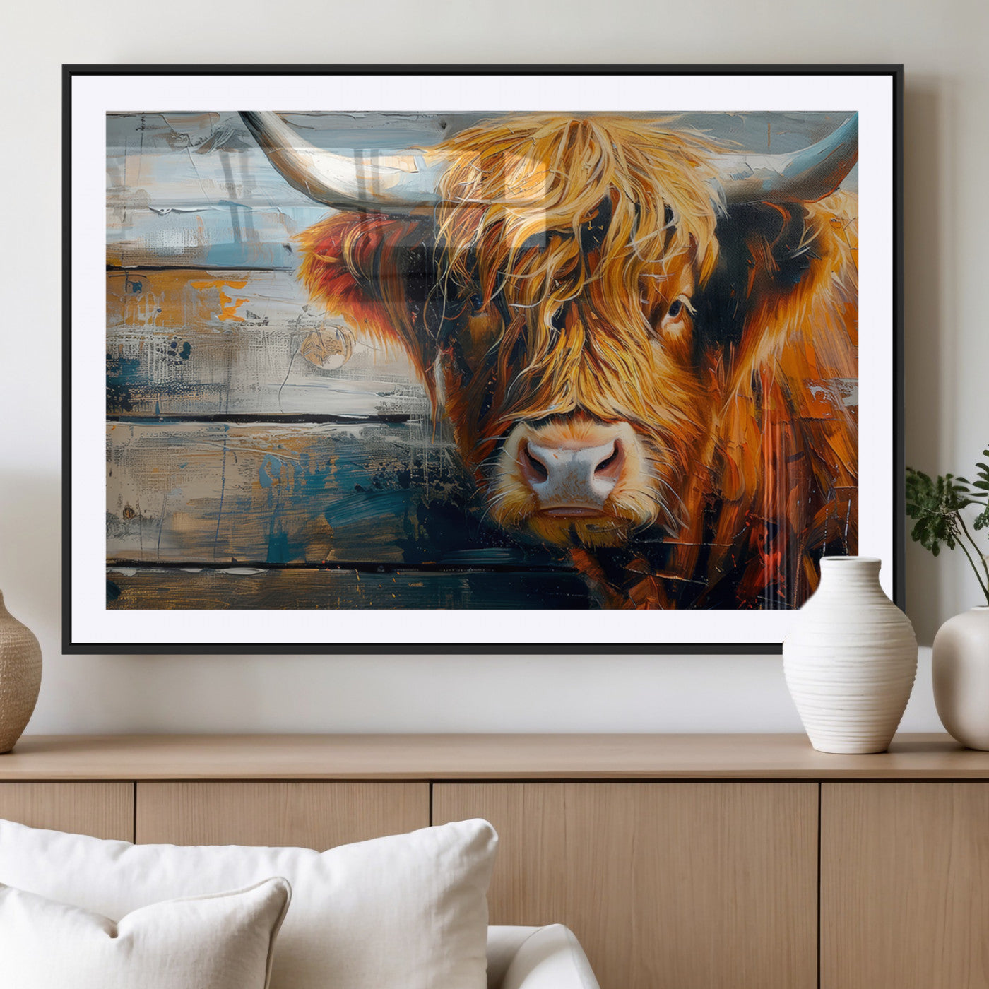 -Highland Cow Abstract Canvas Wall Art – Bold Farmhouse Rustic Decor – Ready to Hang