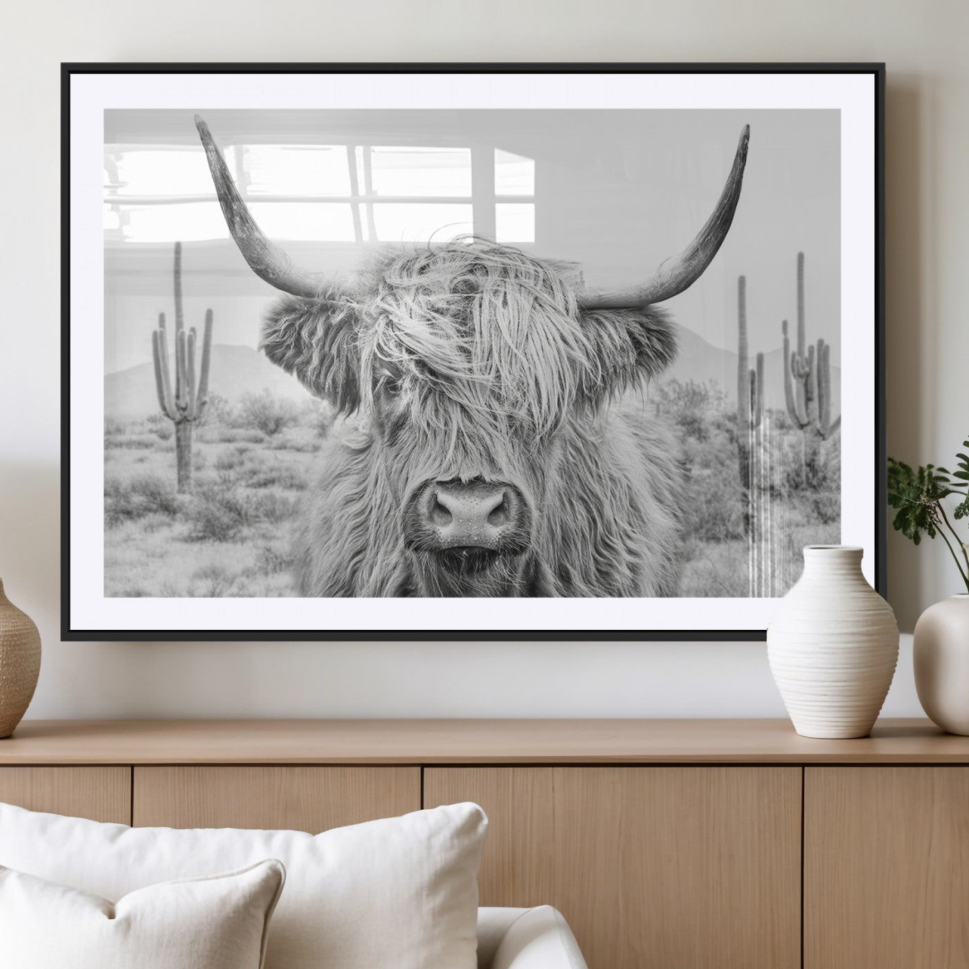 94579-MGC-FP-36x24_Black-Rustic Charm | Cow Longhorn Black White Bighorn Wall Art Canvas Print | Farmhouse Wall Art