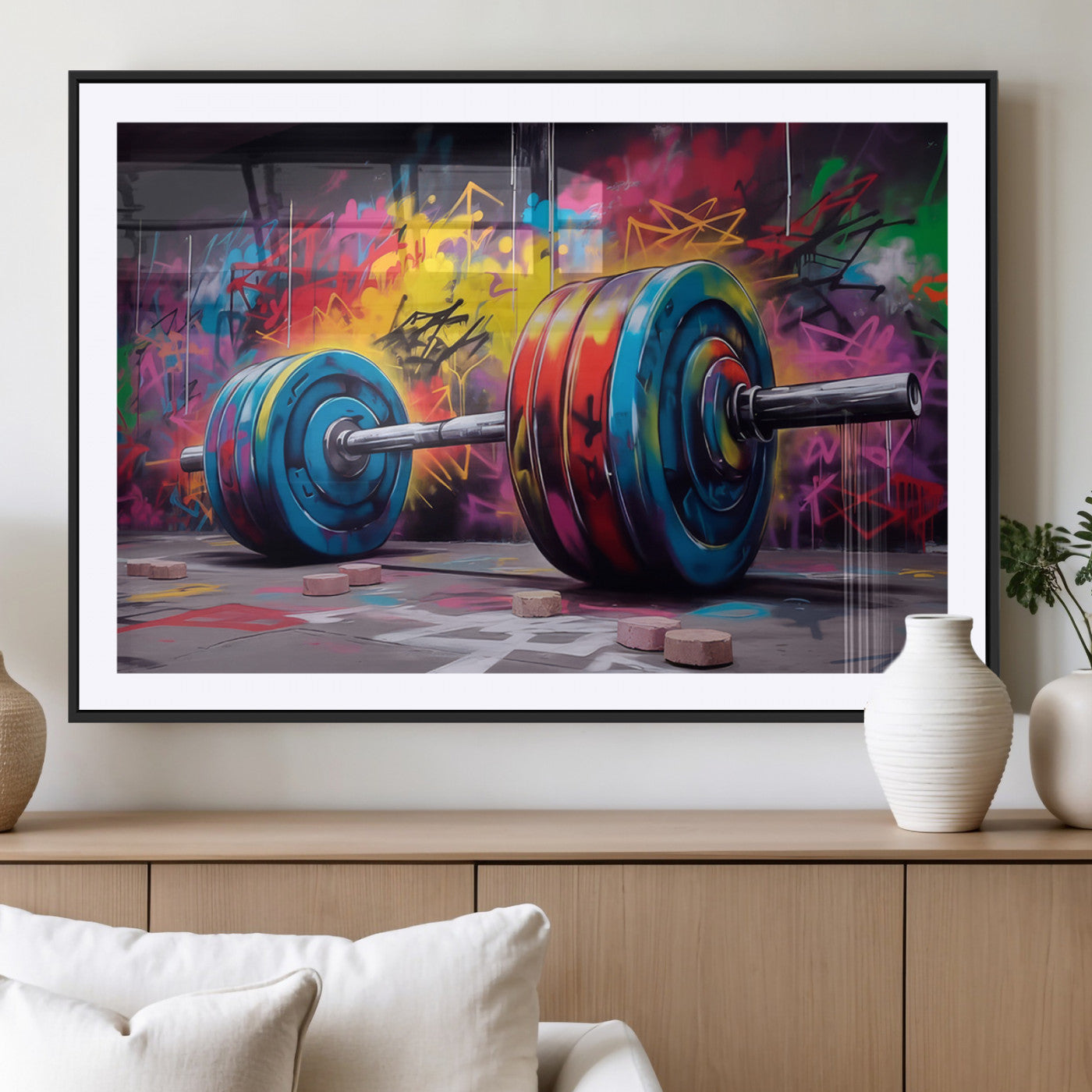 MGC-FP-36x24 - Abstract Graffiti Barbell Canvas Wall Art – Urban Fitness Meets Bold Street Art Print - Gym Wall Art