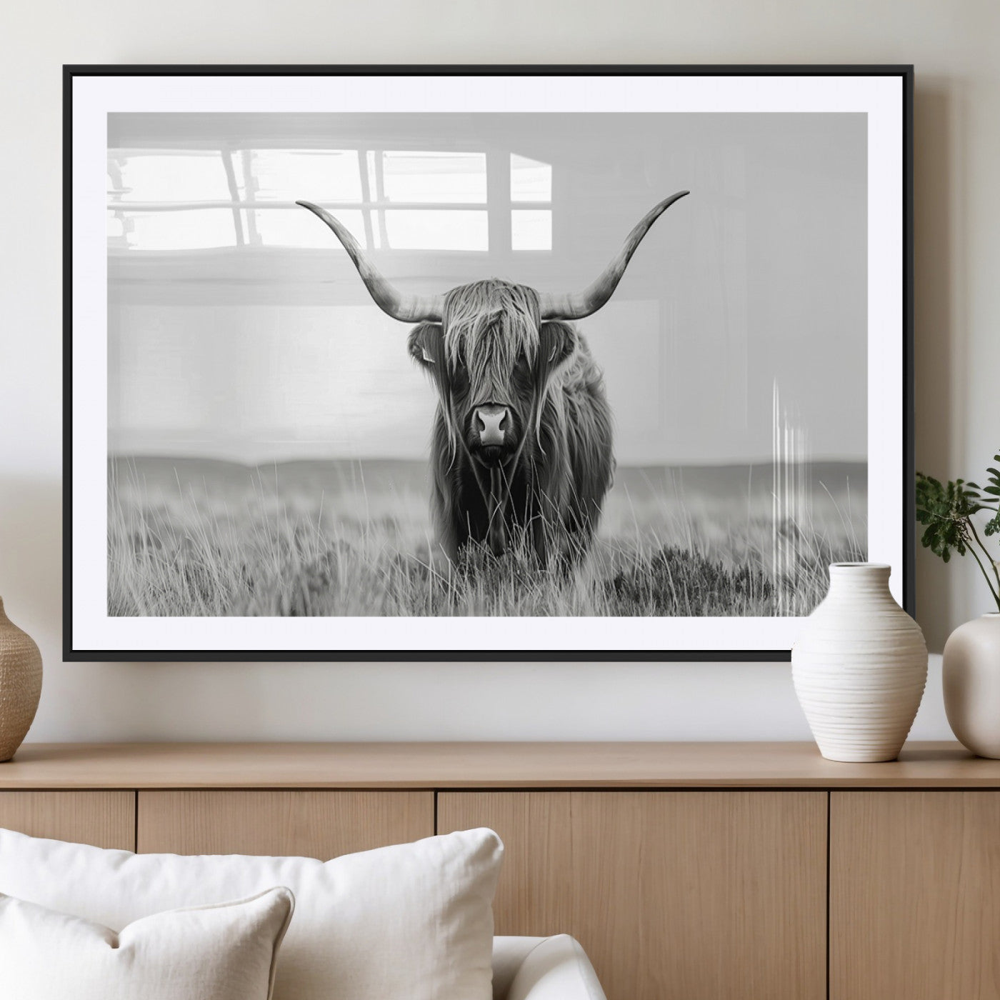 MGC-FP-36x24 - Highland Cow Canvas Wall Art – Majestic Beauty in Black and White