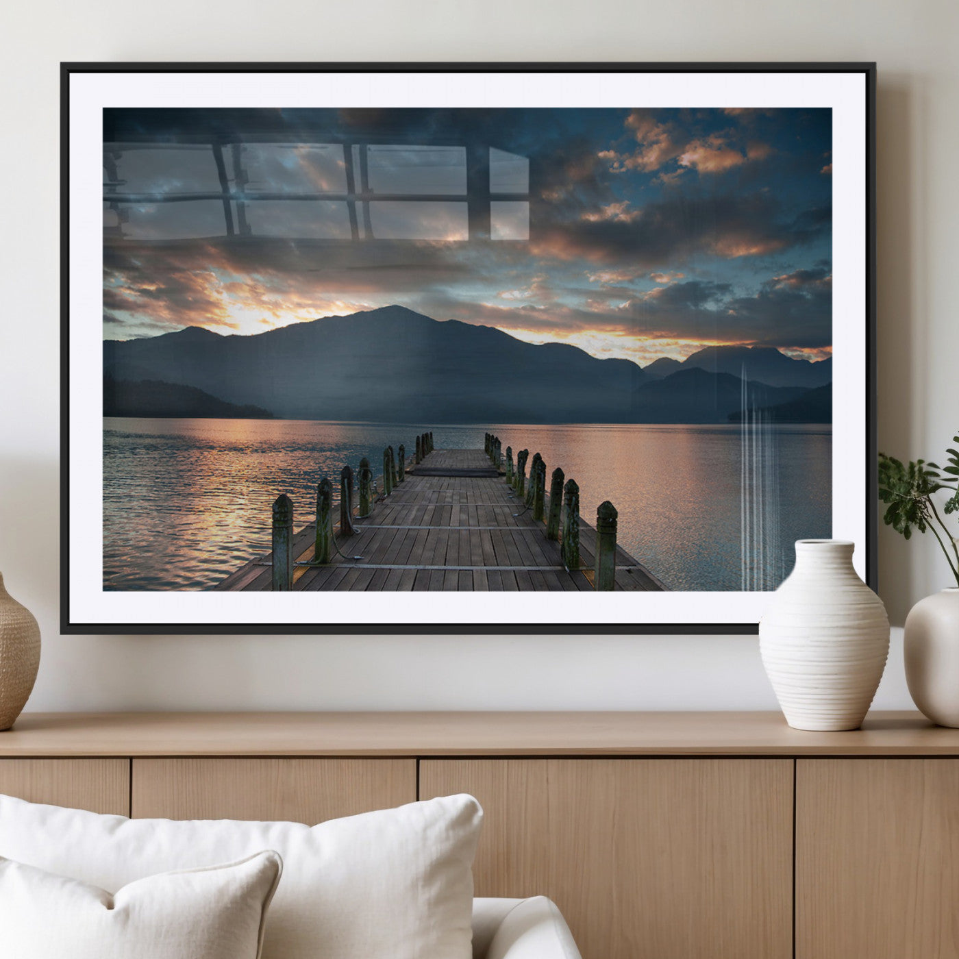 MGC-FP-36x24 - Mountain Lake Wood Pier Canvas Wall Art Nature Lake Print