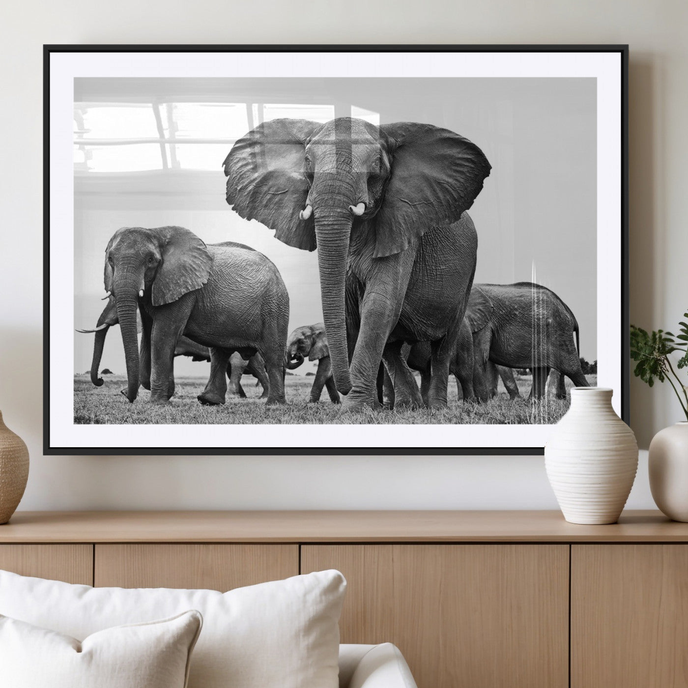 -Black White Elephant Family Wall Art Canvas Print