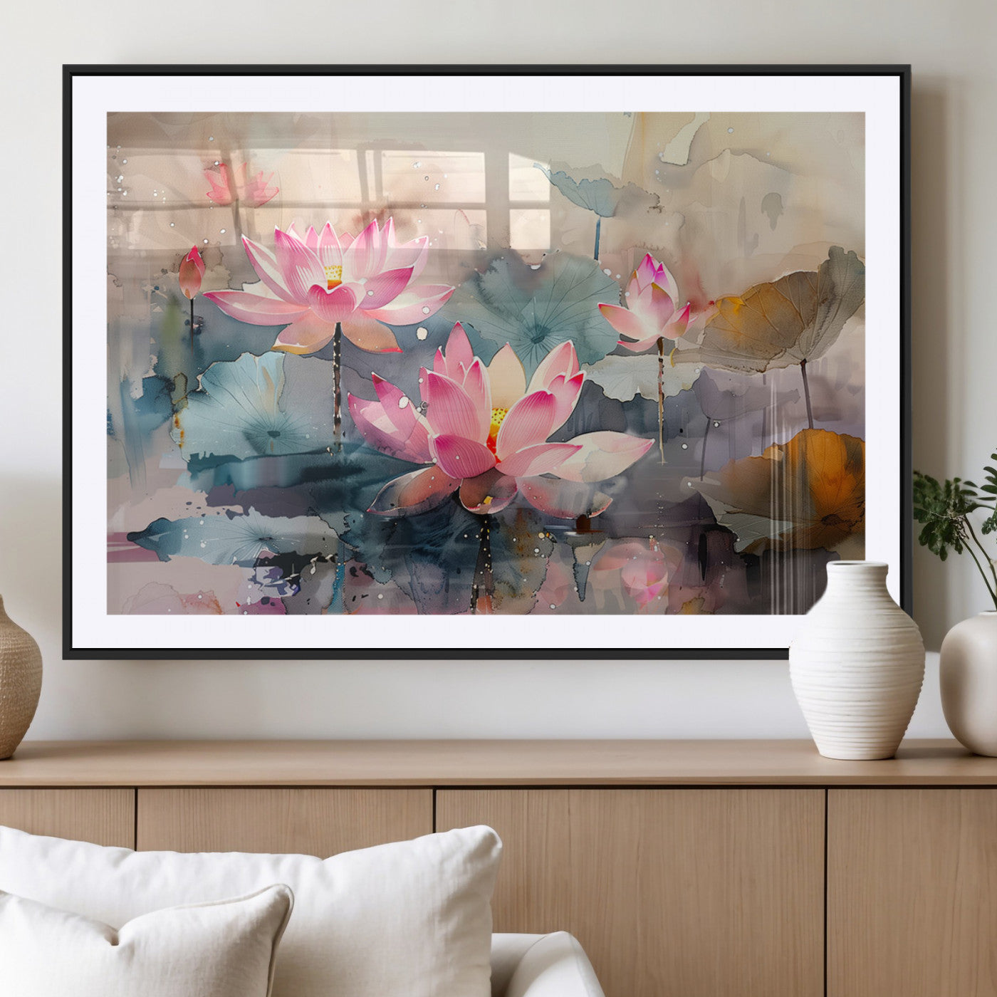 MGC-FP-36x24 - Lotus Flower Wall Art | 3-Panel Giclee Canvas Print of Pink Lotus Blossoms for Living Room, Bedroom,