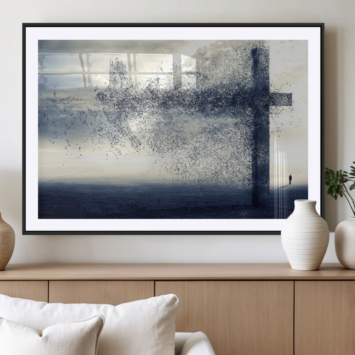 MGC-FP-36x24 - Jesus and the Fading Cross Wall Art Print – Symbol of Faith, Christian Wall Art Canvas Print, Framed