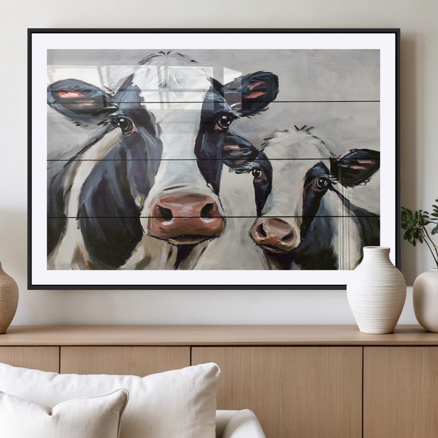 -Vintage Baby and Mom Cattle Wall Art Canvas Print