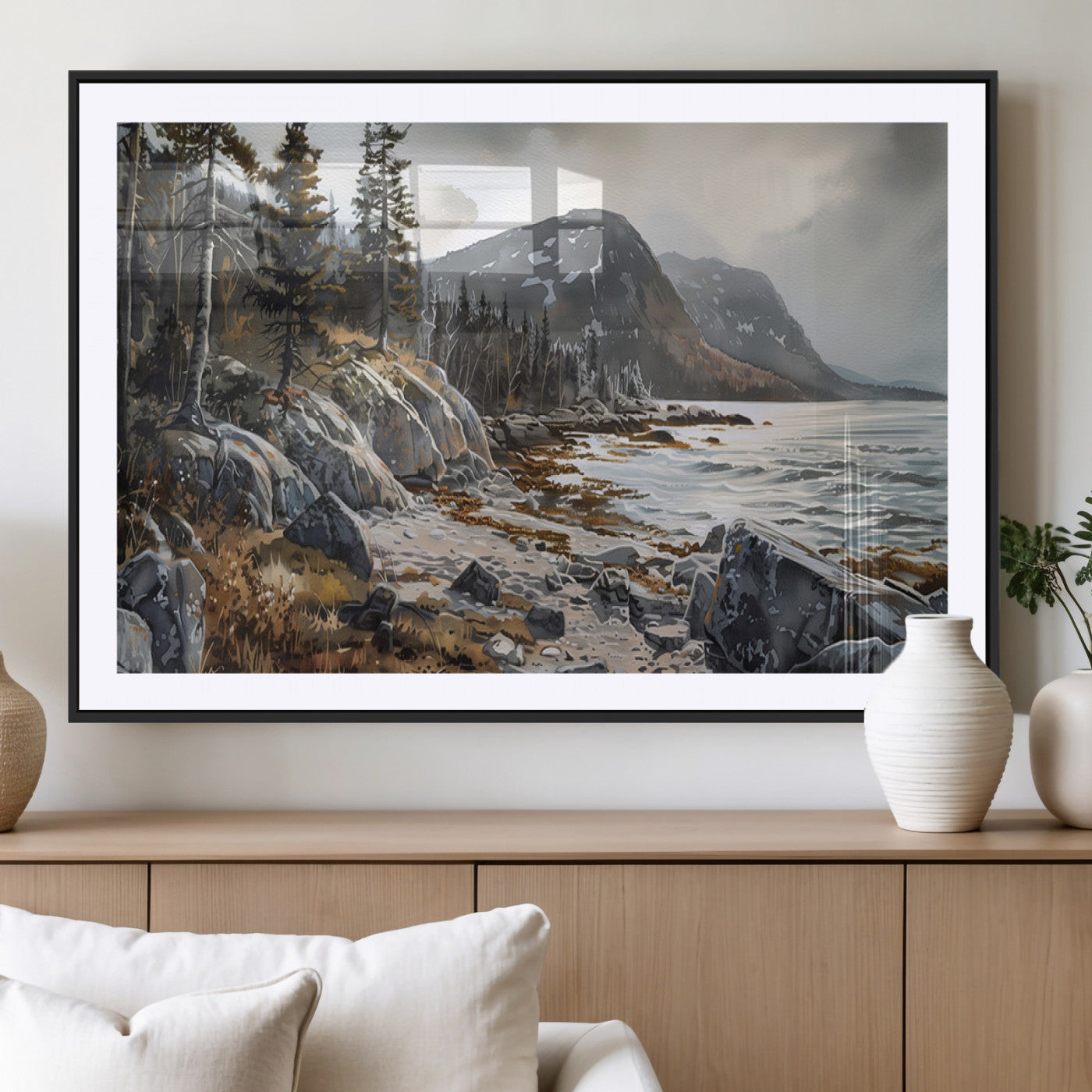 -Serene Coastal View of Acadia National Park - Stunning 3-Panel Wall Art Canvas Print, Framed, Ready
