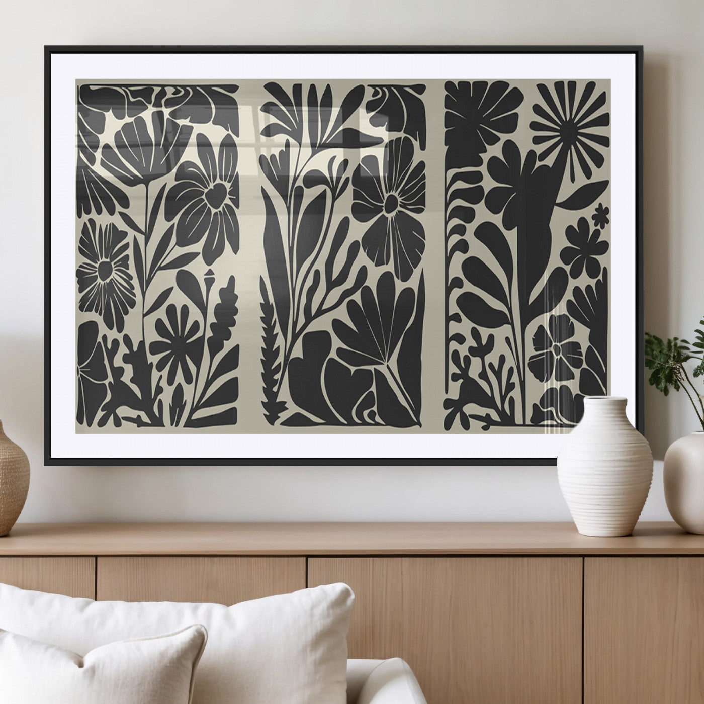 MGC-FP-36x24 - Modern Botanical Wall Art - Floral Black and White Canvas Print, Framed, Ready to Hang