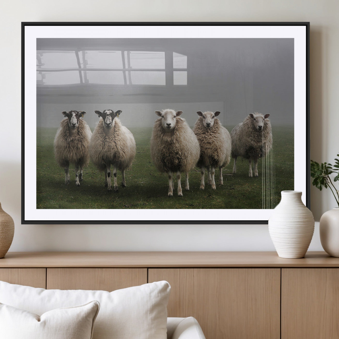 -Flock of Sheep in a Mystical Fog – Pastoral Wall Art Canvas Print, Framed, Ready to Hang