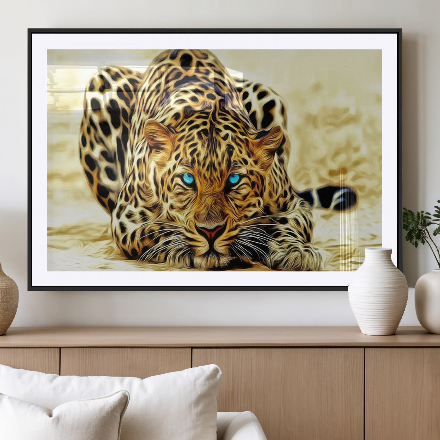 45281-MGC-FP-36x24_Black-Blue-Eyed Leopard Canvas Wall Art - Framed Animal Print Ready to Hang - Fierce and Bold Decor for