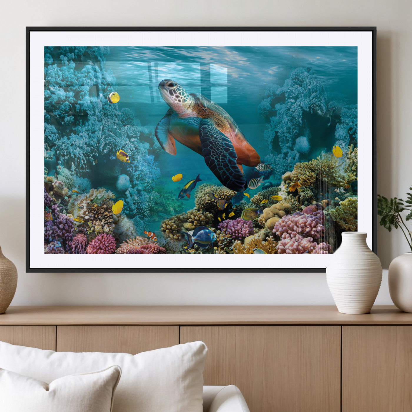 MGC-FP-36x24 - Sea Turtle and Coral Reef Triptych Wall Art – Vibrant Underwater Scene Canvas Set for Ocean Lovers