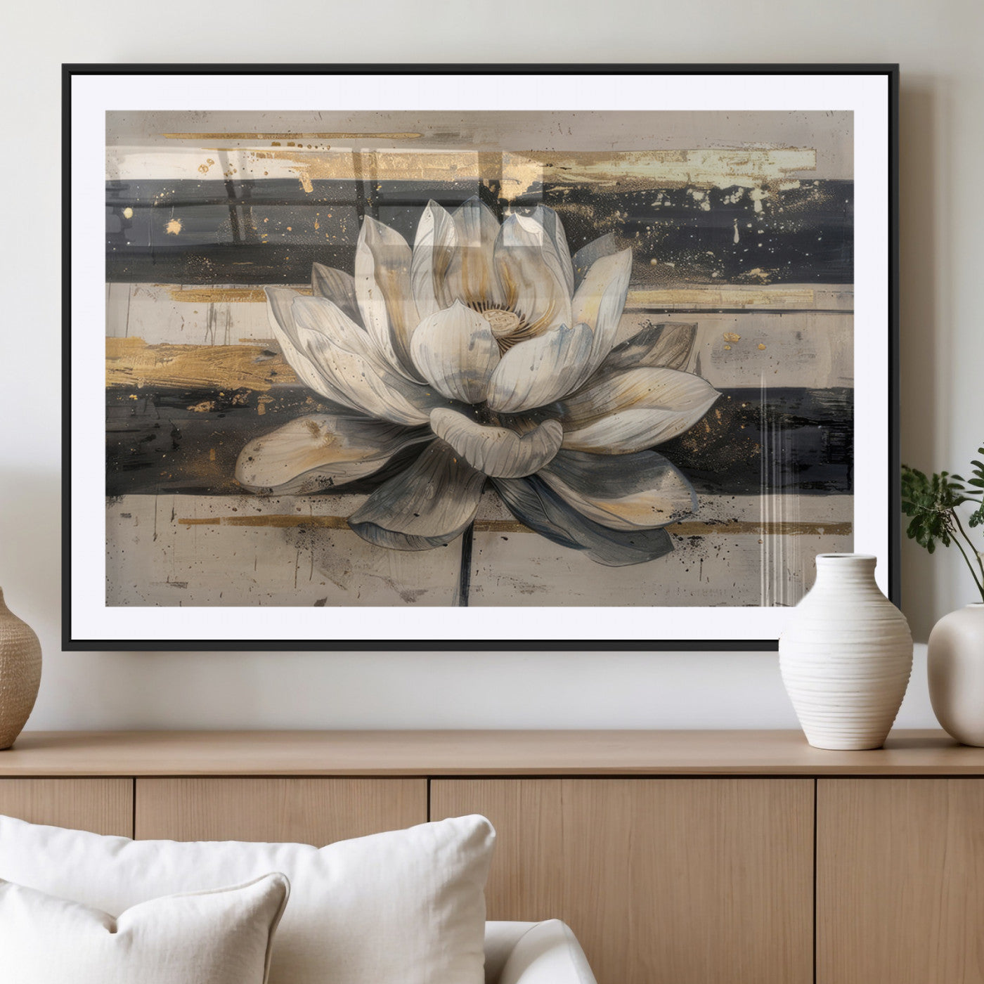 MGC-FP-36x24 - Lotus Flower Wall Art Canvas Print, Framed Abstract Lotus Art Picture Print, White Lotus Flower Perfect Abstract Floral Decor Artwork