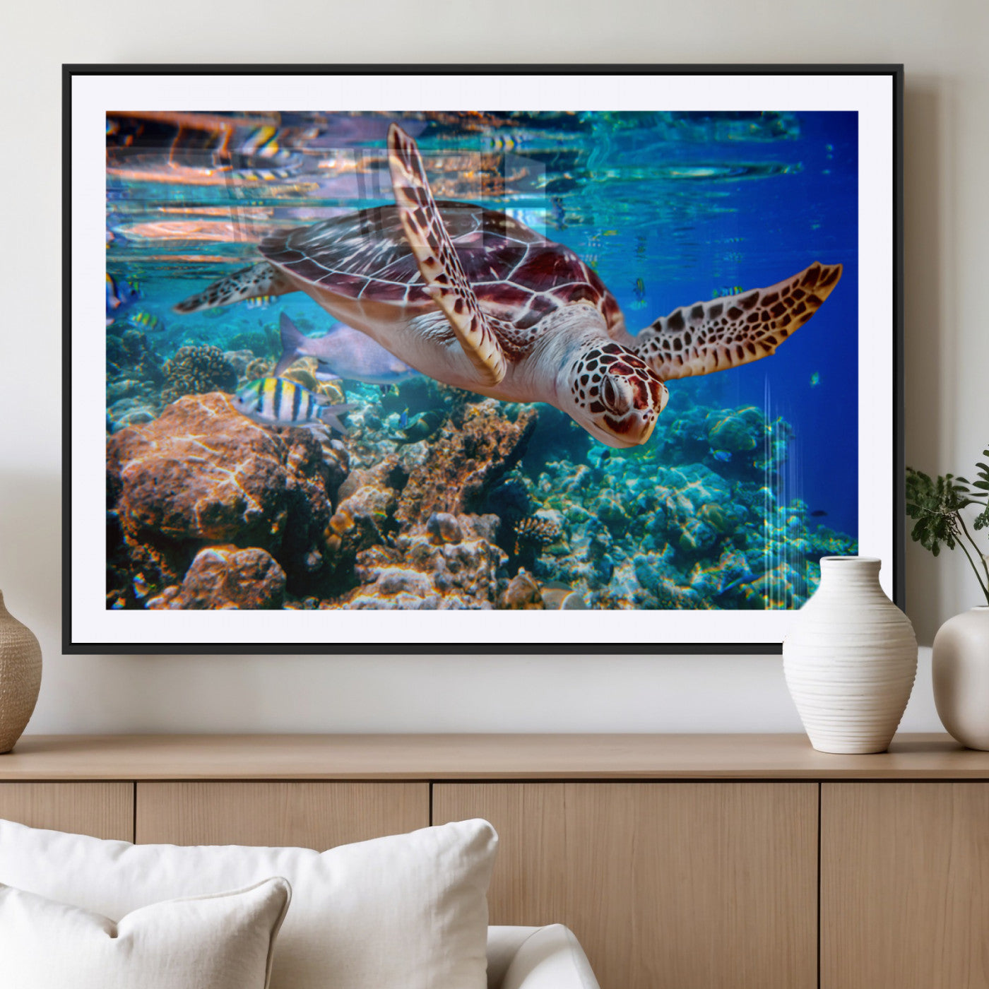 MGC-FP-36x24 - Underwater Coral Reef Sea Turtle Wall Art Canvas Print, Vibrant Marine Life | Colorful Ocean Scene