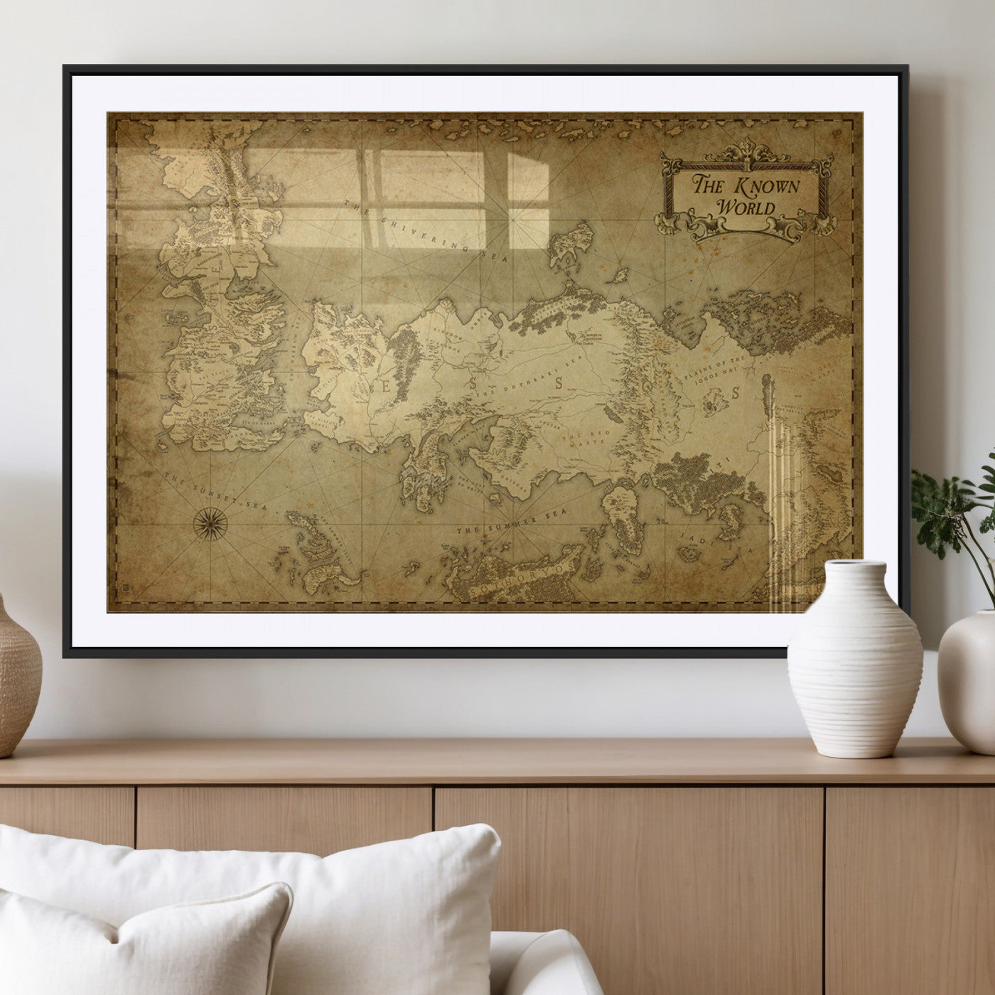 MGC-FP-36x24 - Vintage Game of Thrones Map Wall Art | Westeros and Essos Antique Style Print | The Known World in Triptych Canvas | Giclee Canvas for Fantasy Lovers