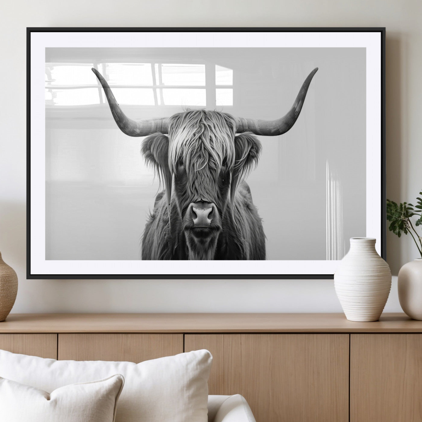MGC-FP-36x24 - Highland Wall Art Canvas Print – Minimalist Black and White Farmhouse Décor, Ready to Hang