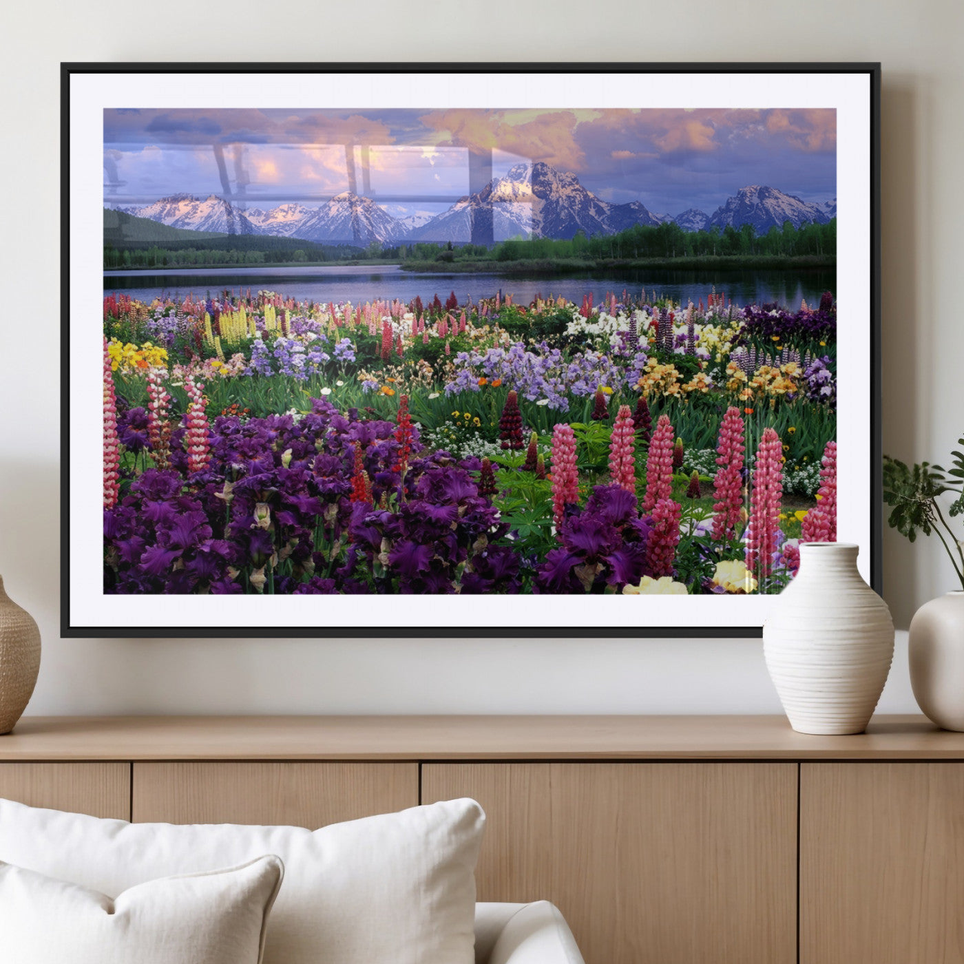 MGC-FP-36x24 - Vibrant Wildflower Garden and Mountain View Giclee Canvas Print | Floral Wall Art for Living Room