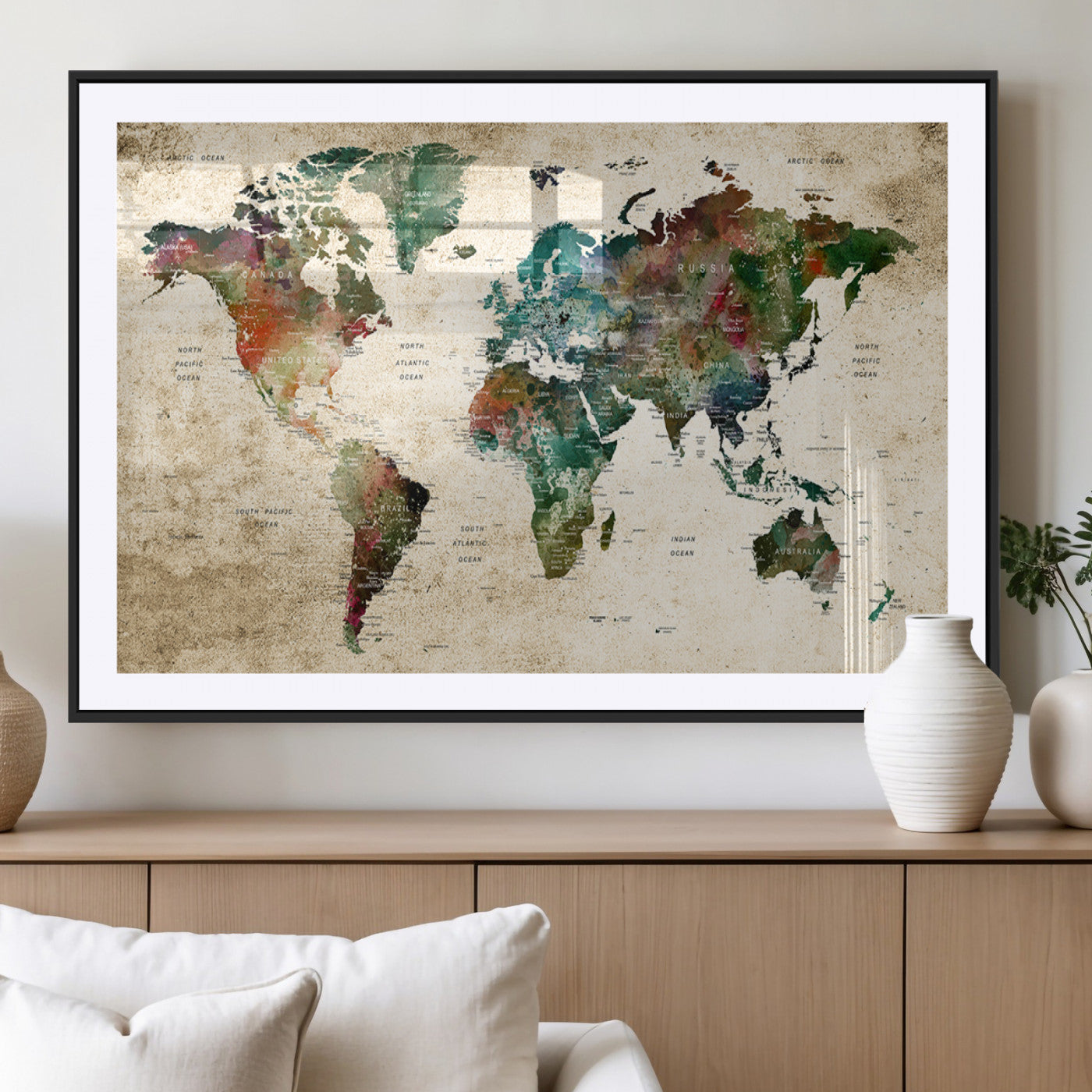 45128-MGV-CV-36X24-Push Pin World Map Canvas Print – Framed Wall Art for Couples to Track Their Travels – Anniversary Gift or Home Adventure Decor