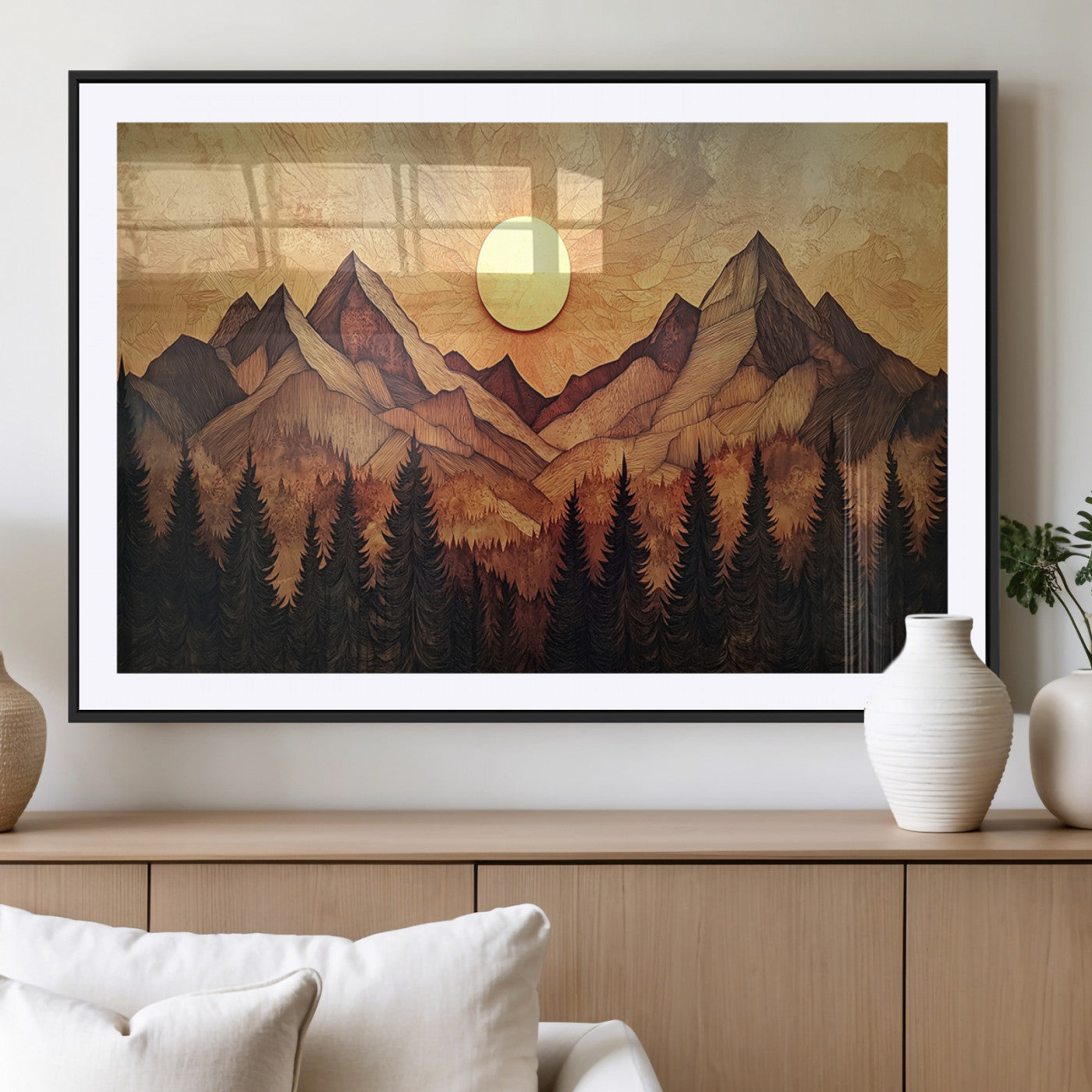 MGC-FP-36x24 - Wood Style Abstract Mountain Sunset Canvas Wall Art Print - Warm Earth Nature-Inspired Decor for