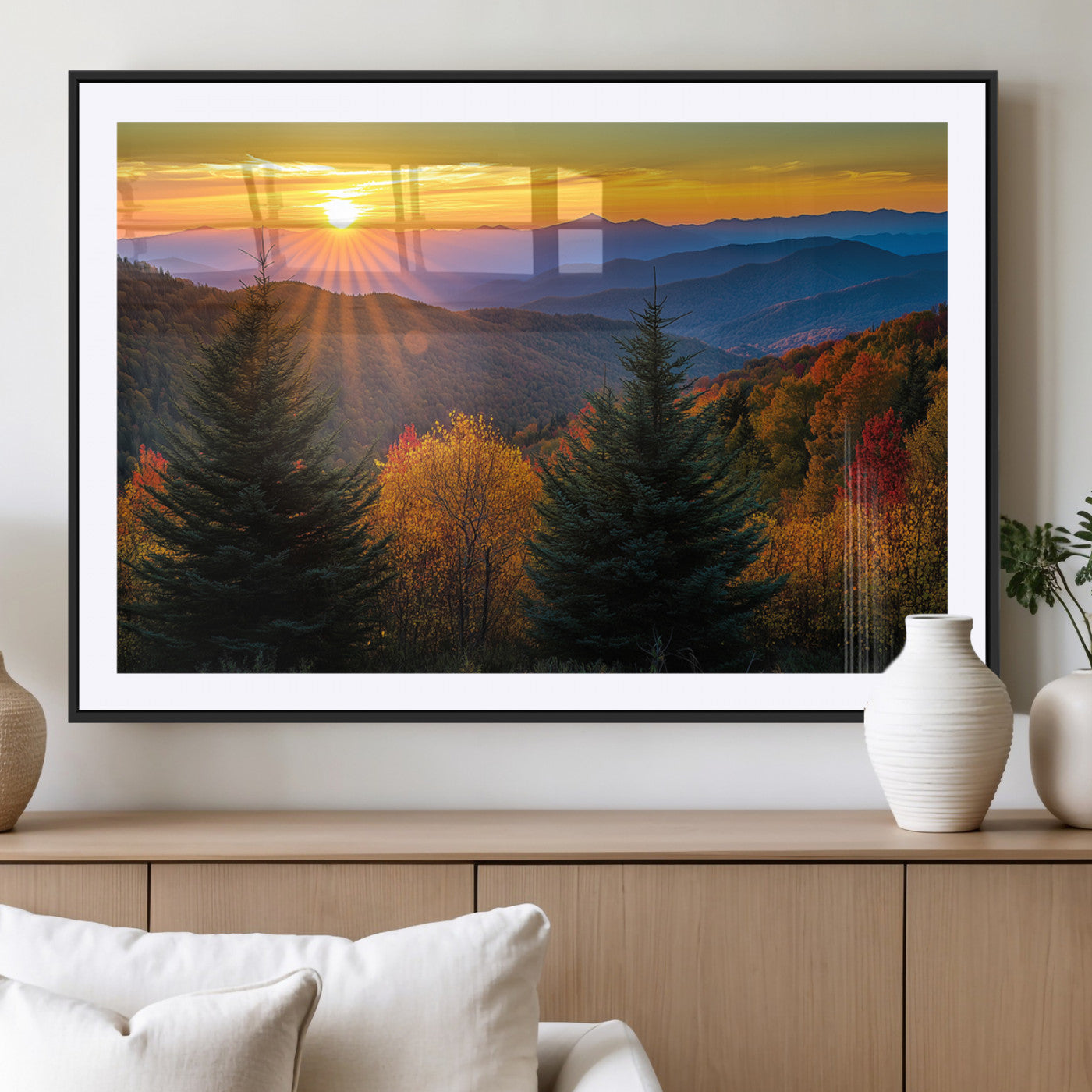 MGC-FP-36x24 - Golden Sunset Over Mountain Forest Canvas Wall Art Print - Warm Nature-Inspired Landscape for Living