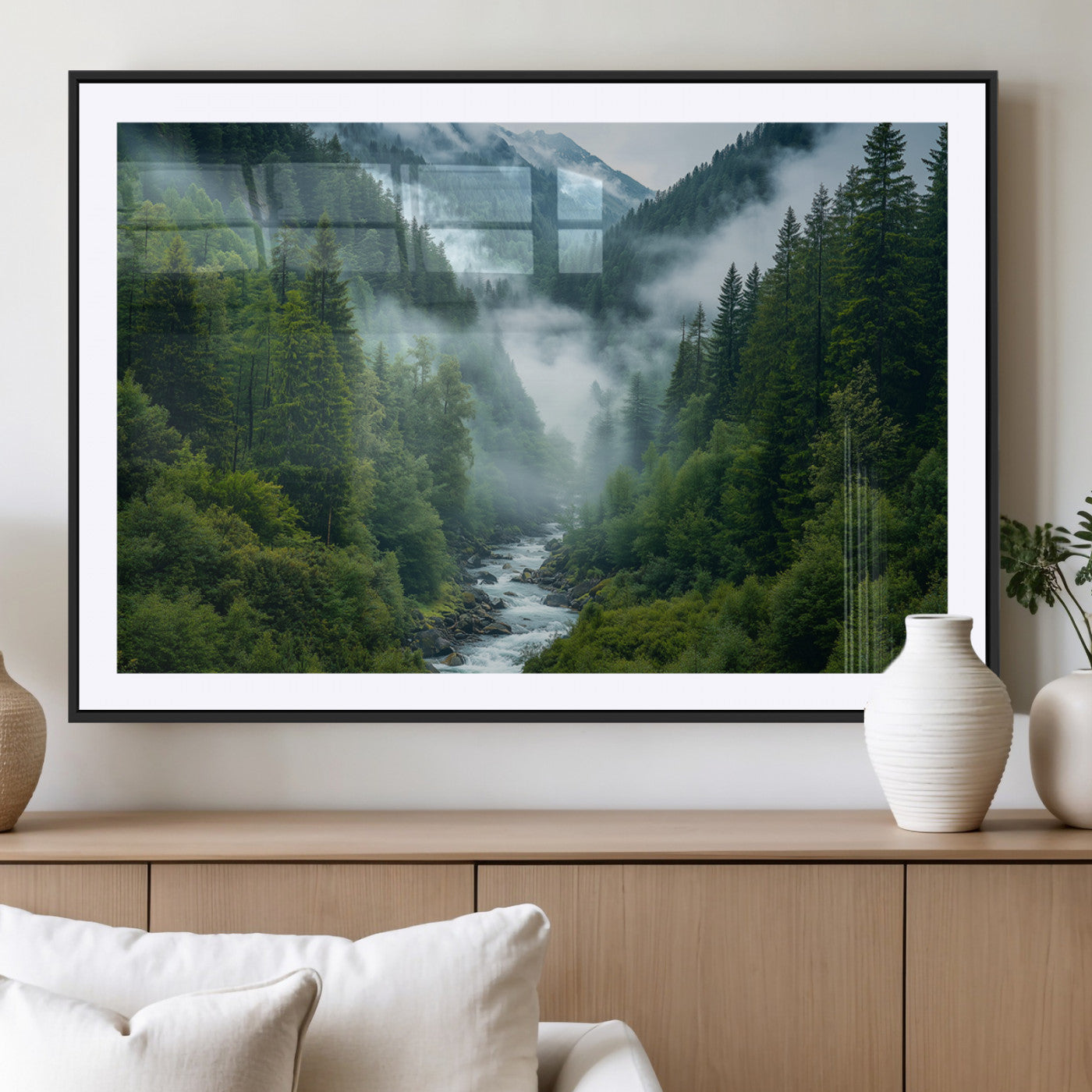 MGC-FP-36x24 - Mountain Forest River Canvas Wall Art Print - Serene Nature Landscape for Living Room, Office, or