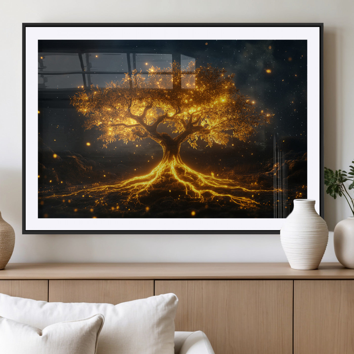 MGC-FP-36x24 - Golden Tree of Life Canvas Wall Art Print - Majestic Glowing Tree Design for Living Room, Office, or