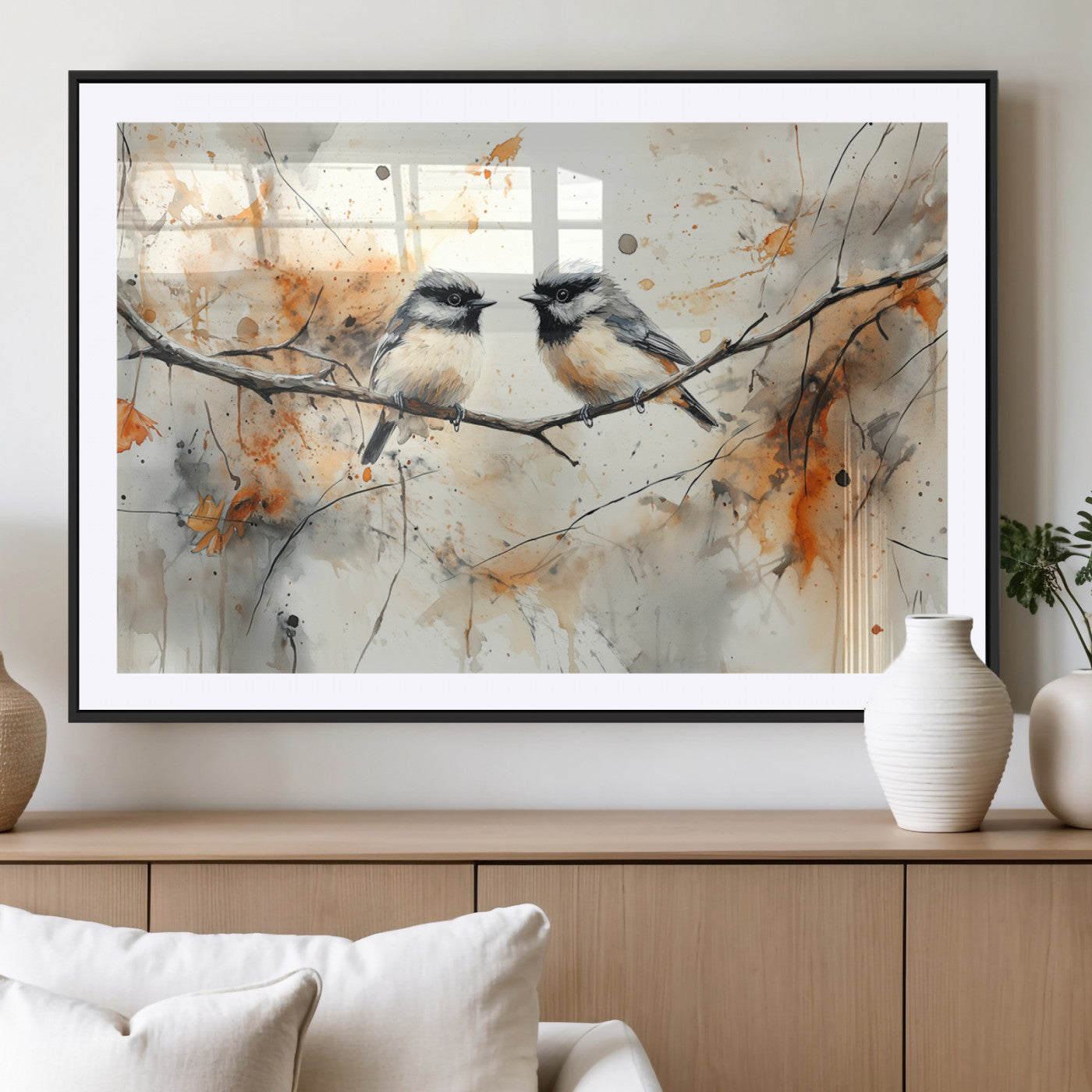 MGC-FP-36x24 - Abstract Watercolor Chickadee Bird Canvas Wall Art Print - Large Bird and Branch Wall Art, Modern