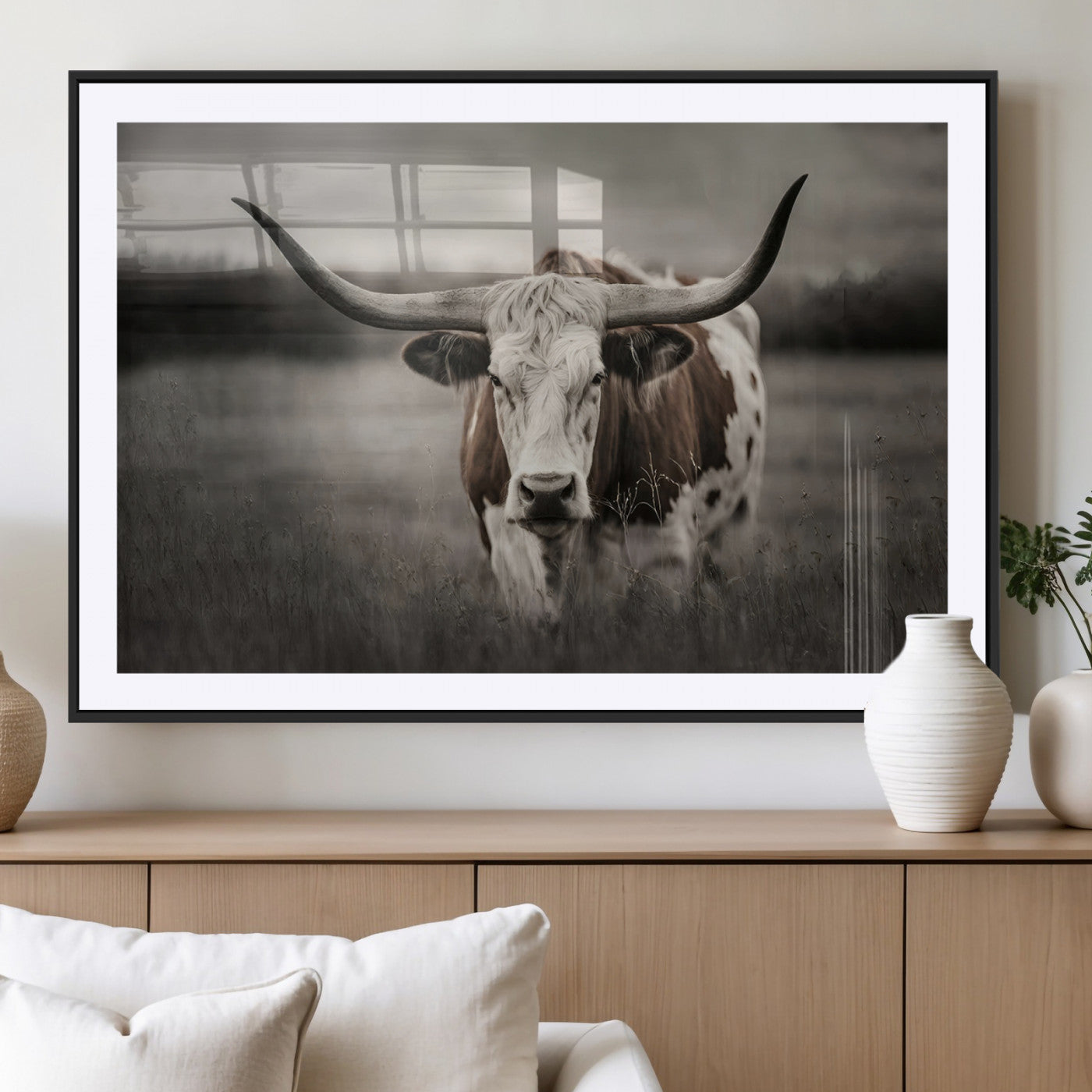 MGC-FP-36x24 - Texas Longhorn Cow Canvas Wall Art Print - Large Rustic Longhorn Art for Living Room, Western Wall