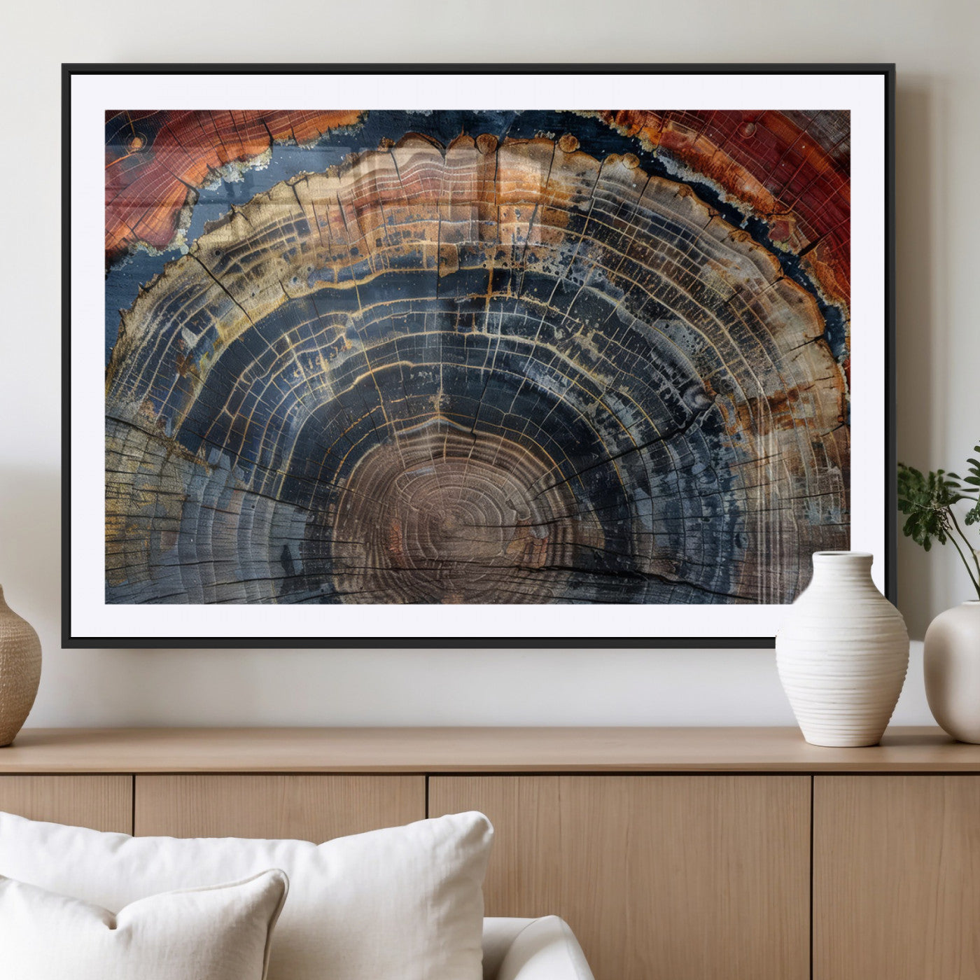 MGC-FP-36x24 - Abstract Tree Ring Wall Art, Colorful Framed Tree Ring Wall Decor, Minimalist Home Canvas Art,