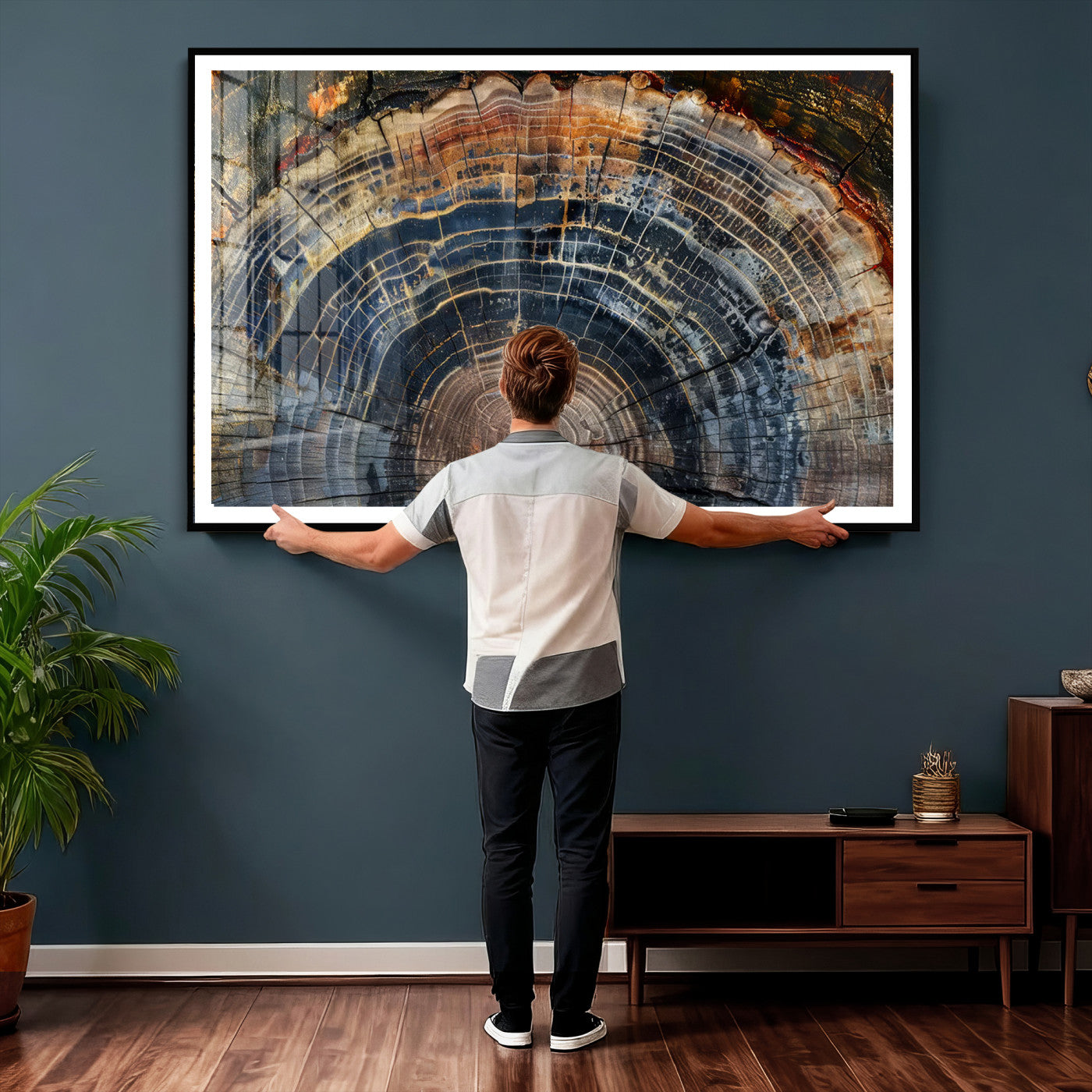16193-MGV-CV-36X24 - Framed Wood Tree Ring Wall Art - Abstract Colorful Wood Ring Wall Decor for Minimalist Home Decor