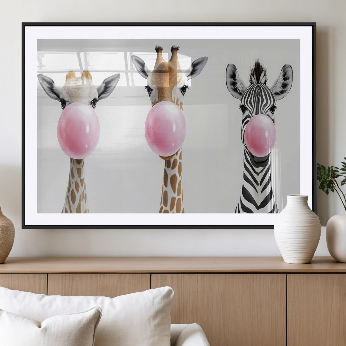 MGC-FP-36x24 - Bubblegum Animals Canvas Wall Art - Playful Giraffe and Zebra Trio, Fun Nursery Decor for Kids'