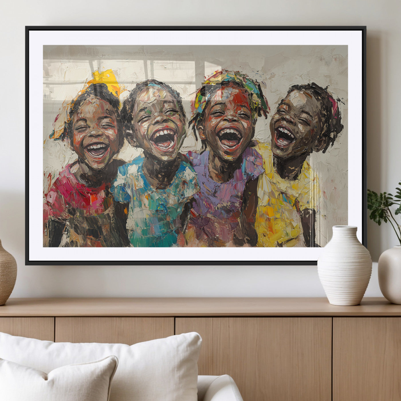 MGC-FP-36x24 - Shai Yossef style Joyful Childhood Canvas Wall Art - Expressive Impasto Painting of Black Children