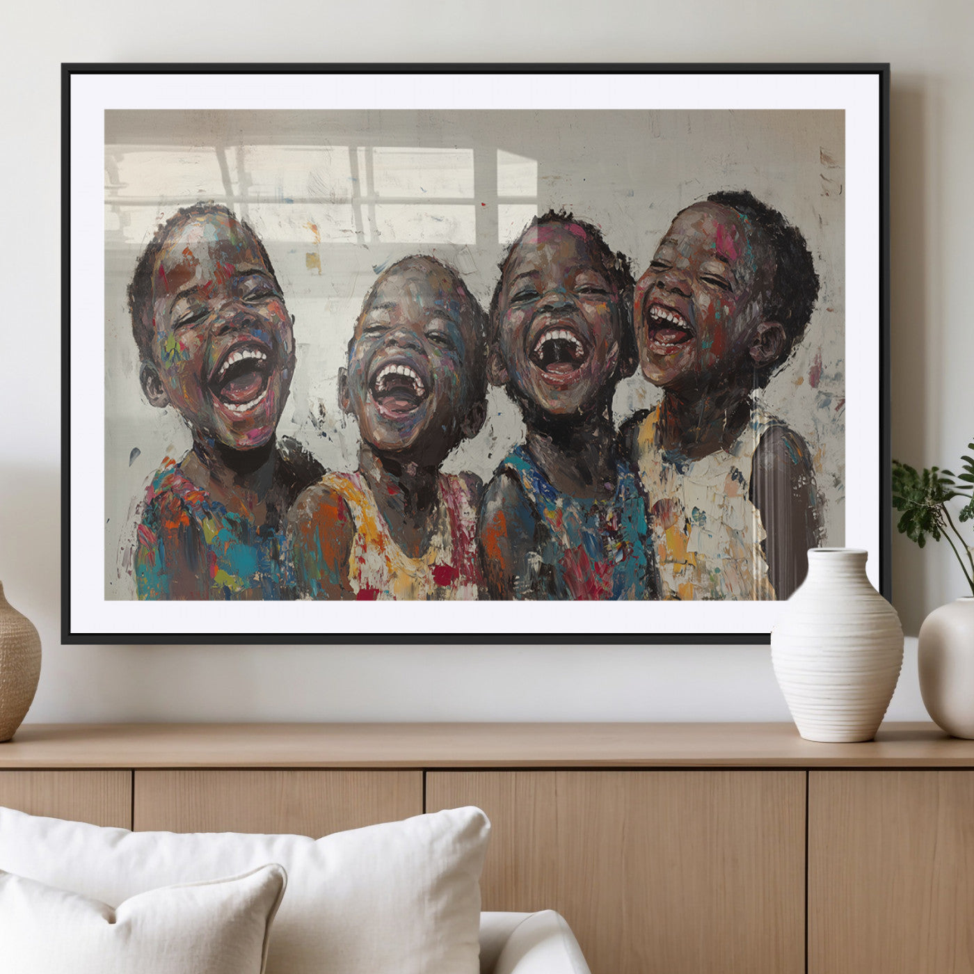 85256-MGV-CV-36X24-Shai Yossef Print - Joyful Childhood Canvas Wall Art - Expressive Impasto Painting of Laughing
