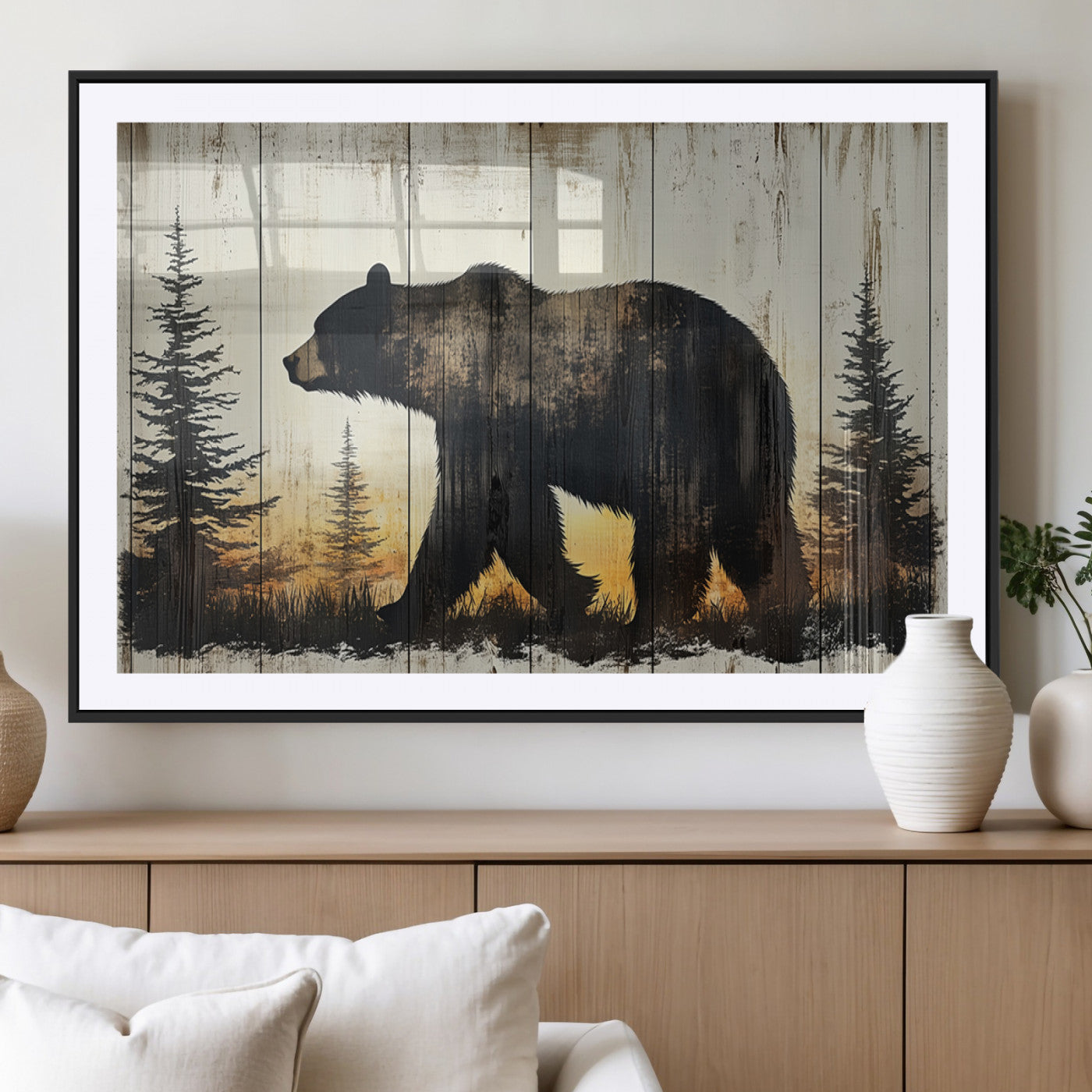 83875-MGV-CV-36X24-Vintage Bear Wall Art Canvas Print for Farmhouse - Mountain Wood Canvas Wall Art - Forest Silhouette