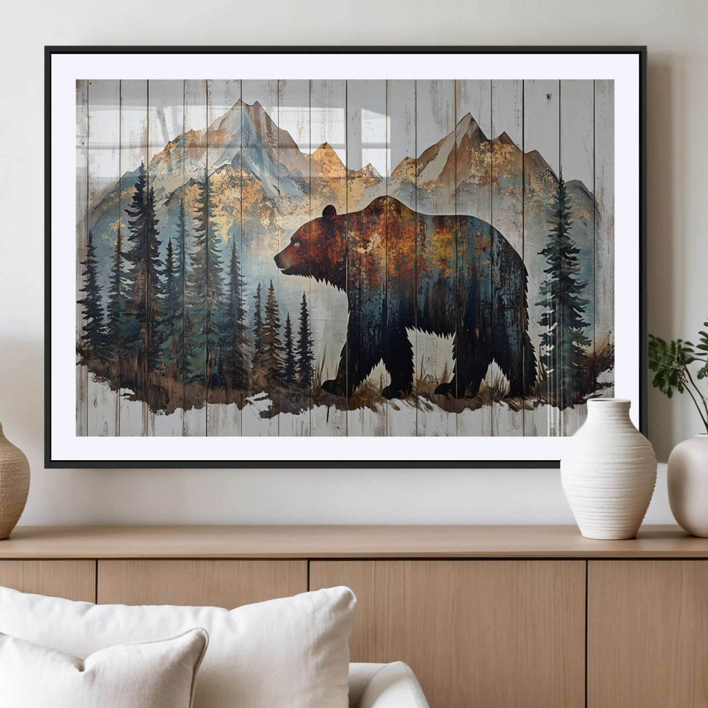 55777-MGV-CV-36X24-Rustic Grizzly 399 Bear and Mountain Wood Canvas Wall Art - Framed Nature Artwork with Forest