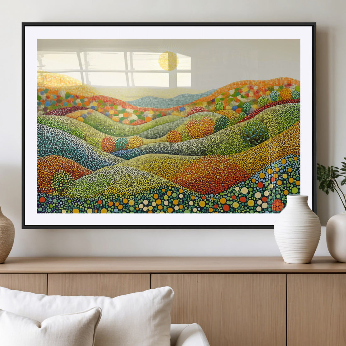 YAYOI KUSAMA Colorful Dot Art Landscape Canvas - Framed Abstract Pointillism with Rolling Hills and Sun