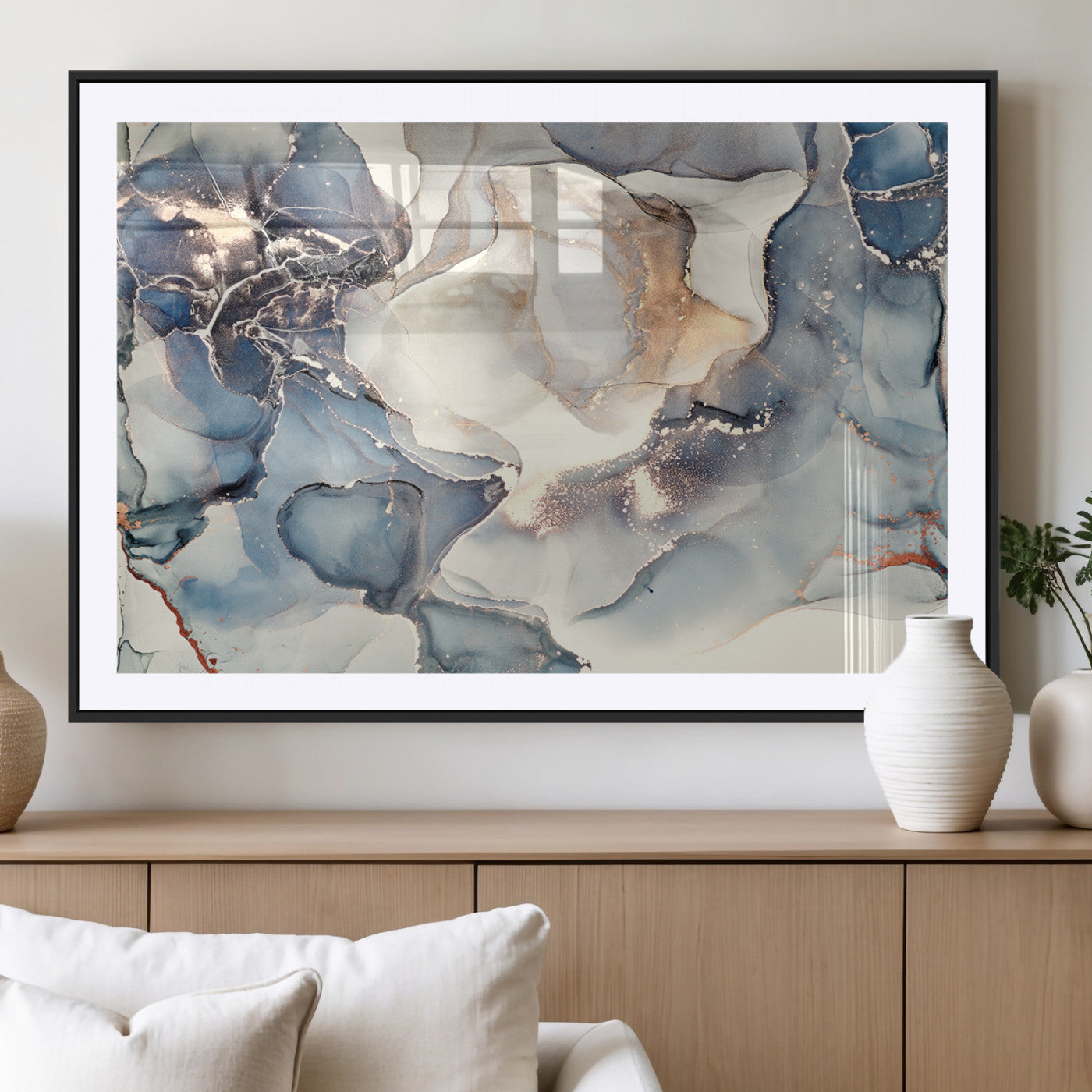 MGC-FP-36x24 - Abstract Blue and Gold Canvas Wall Art - Fluid Modern Ink Artwork - Modern Luxury Wall Decor for