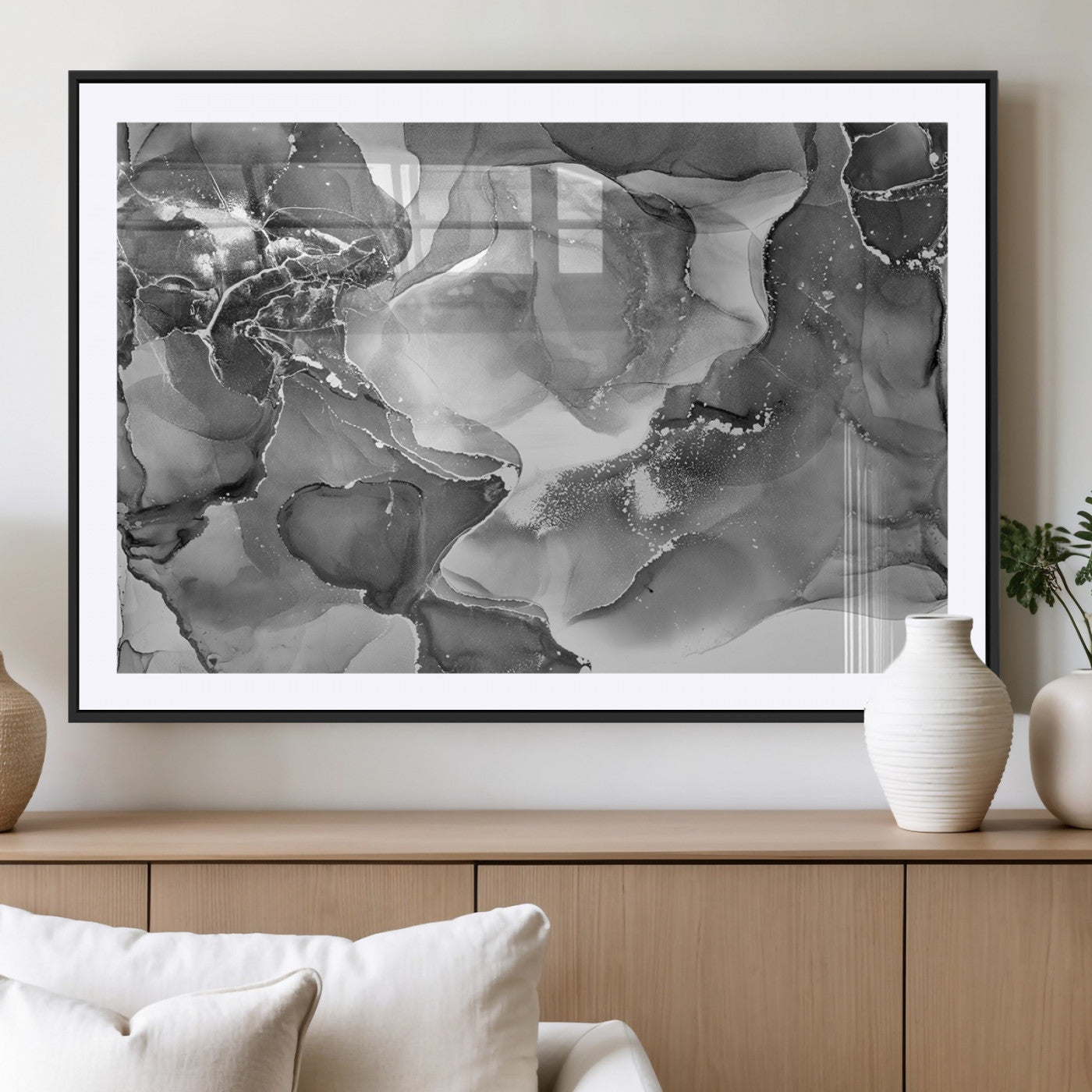 MGC-FP-36x24 - Black White Abstract Canvas Wall Art - Fluid Ink Artwork - Modern Luxury Wall Decor for Contemporary